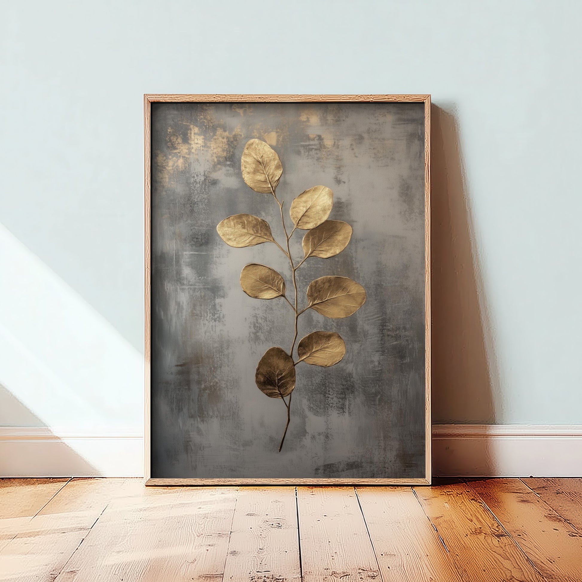 Gold Foil Eucalyptus Art Print - Golden Stem Botanical Poster - Dark Grey Painting - Modern Foliage V6 2/3