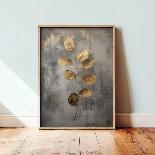Gold Foil Eucalyptus Art Print - Golden Stem Botanical Poster - Dark Grey Painting - Modern Foliage V6 2/3