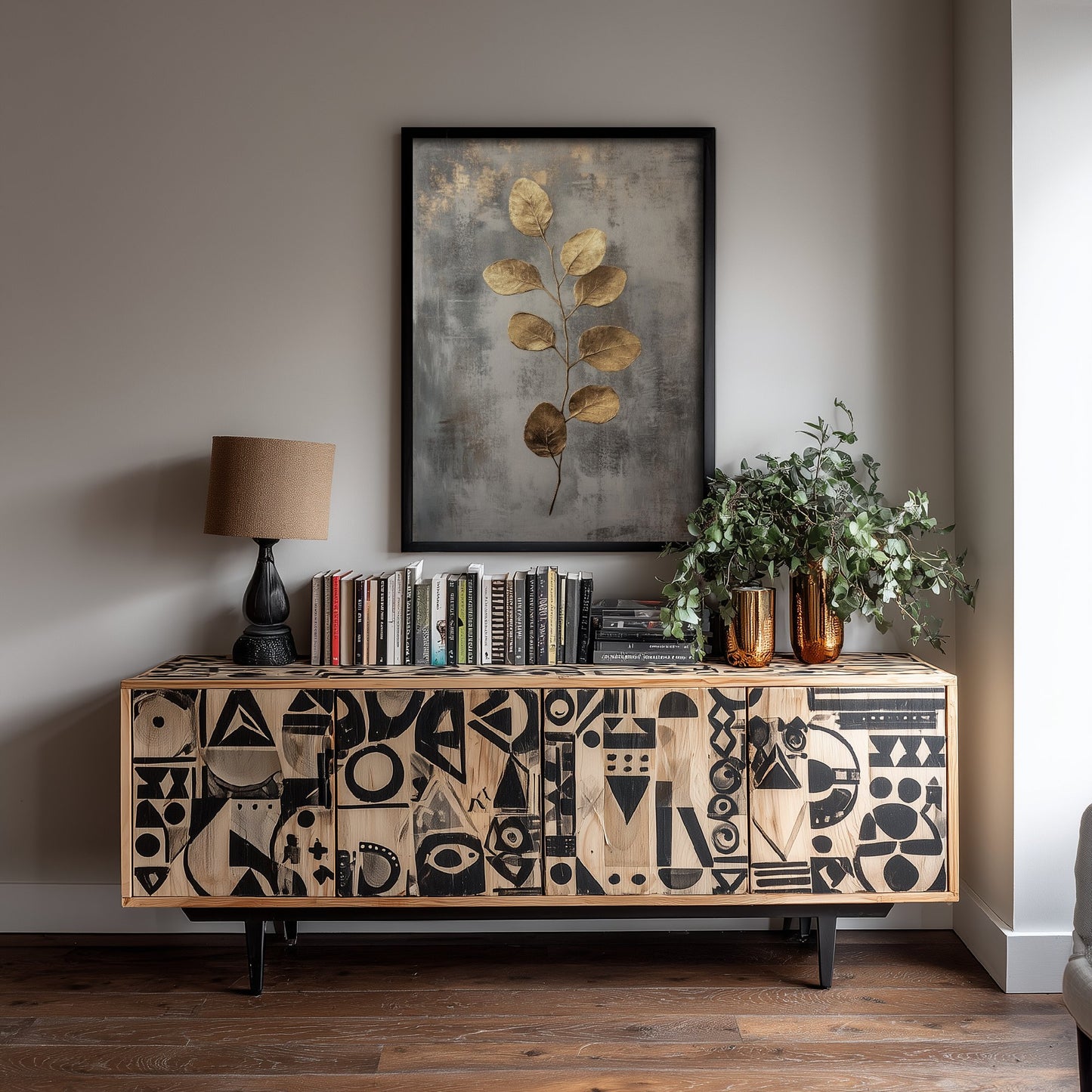 Gold Foil Eucalyptus Art Print - Golden Stem Botanical Poster - Dark Grey Painting - Modern Foliage V6 2/3