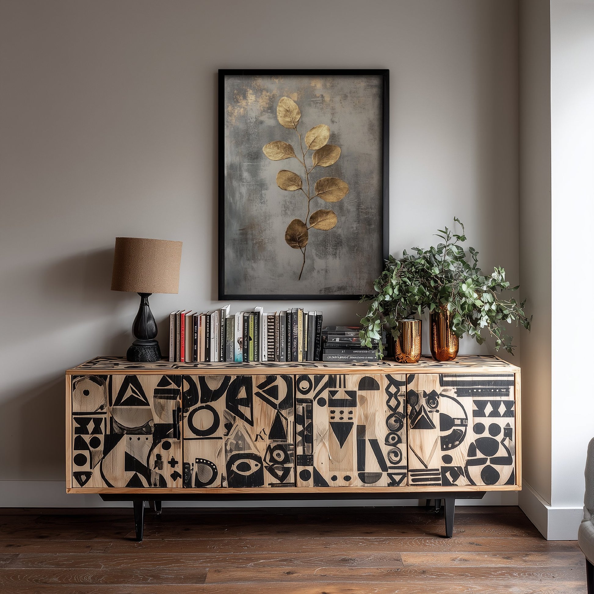 Gold Foil Eucalyptus Art Print - Golden Stem Botanical Poster - Dark Grey Painting - Modern Foliage V6 2/3
