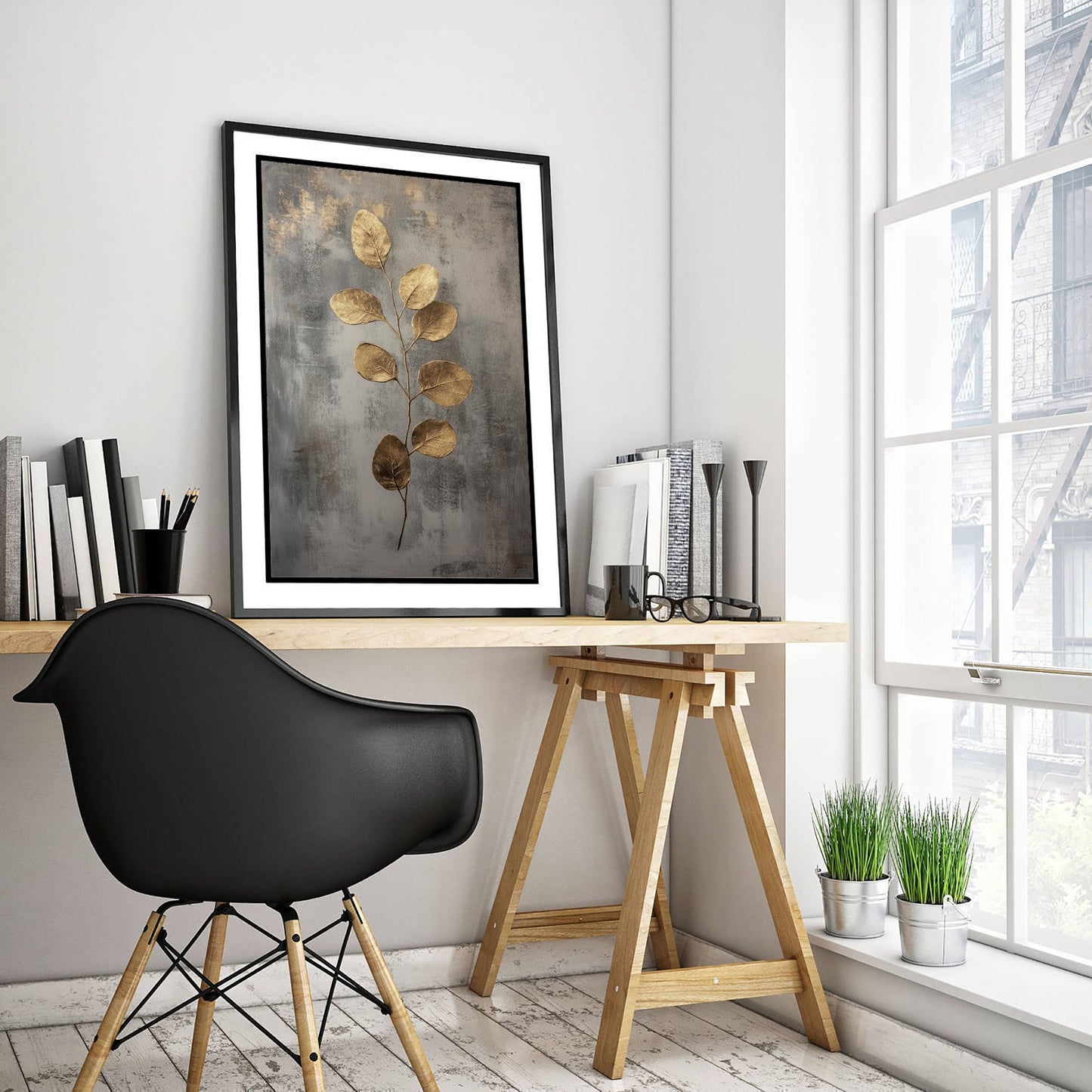Gold Foil Eucalyptus Art Print - Golden Stem Botanical Poster - Dark Grey Painting - Modern Foliage V6 2/3