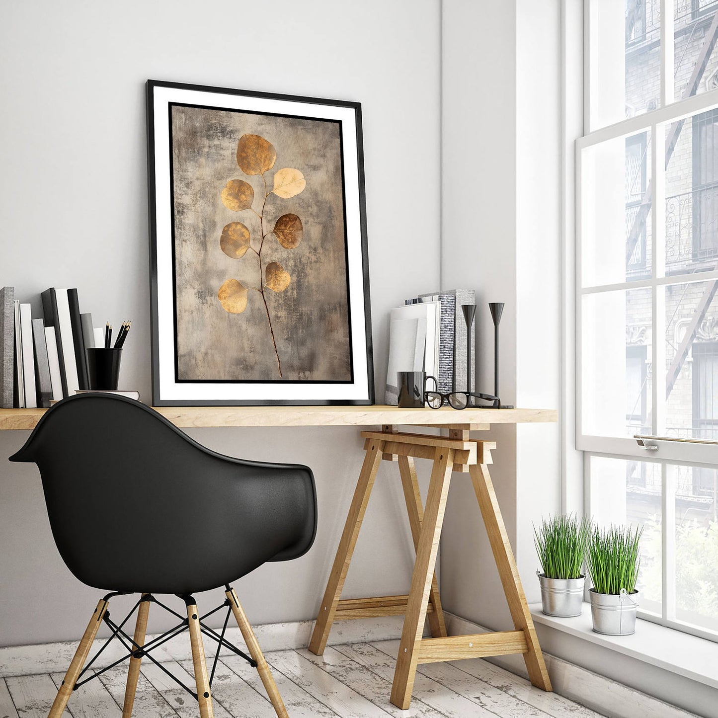 Gold Foil Eucalyptus Poster - Golden Coin Leaf Botanical Art Print - Warm Painting - Modern Foliage V6 3/3