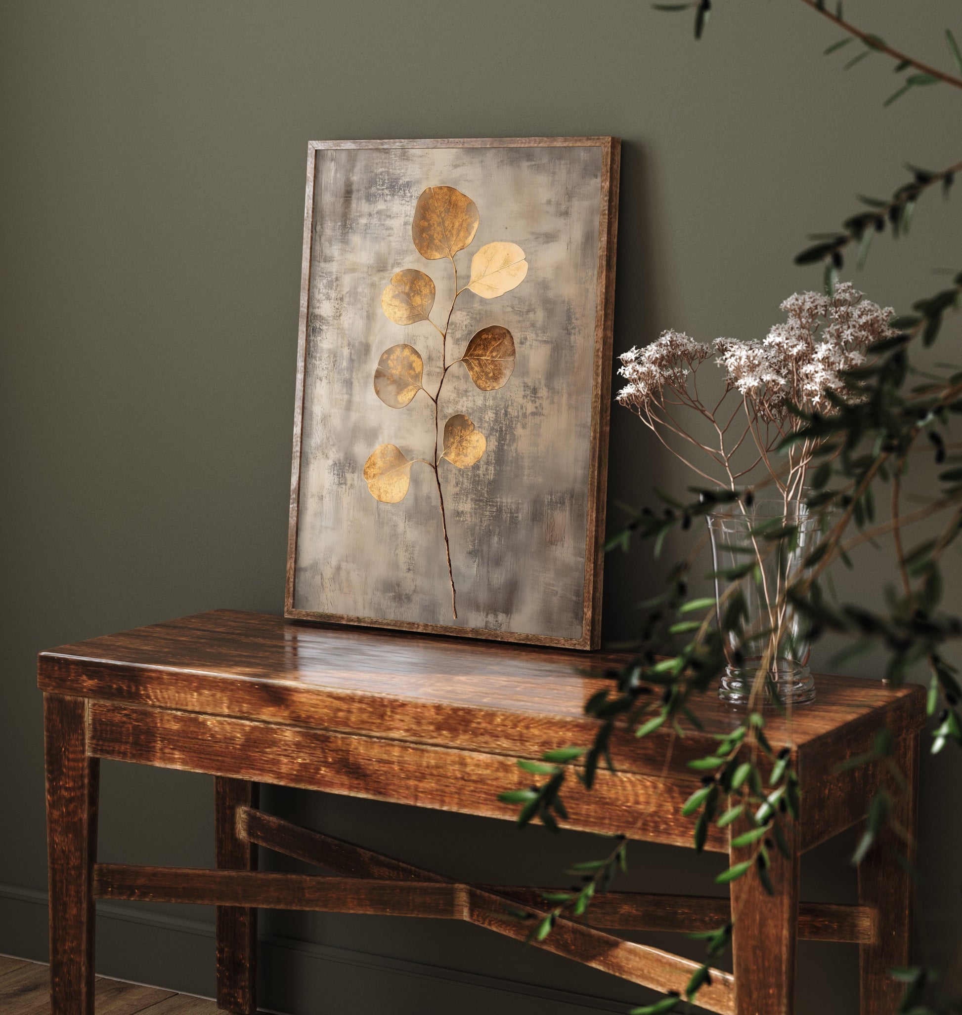 Gold Foil Eucalyptus Poster - Golden Coin Leaf Botanical Art Print - Warm Painting - Modern Foliage V6 3/3