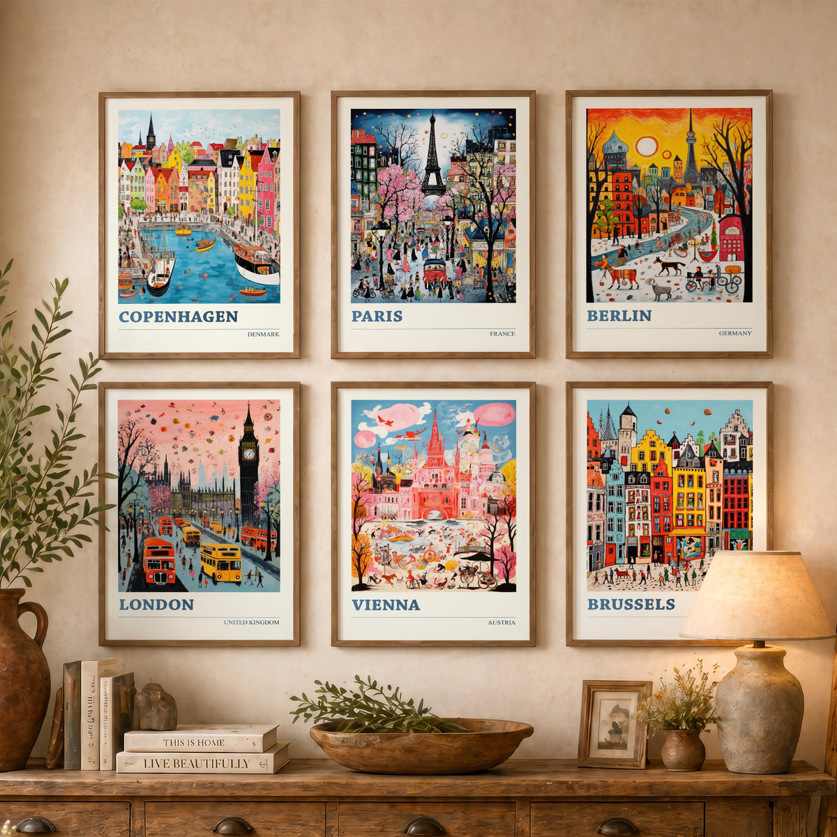 Set of Six European City Travel Posters - 6 Ludwig Folk Art Prints - Copenhagen, Paris, Berlin, London, Vienna, Brussels Painting V1