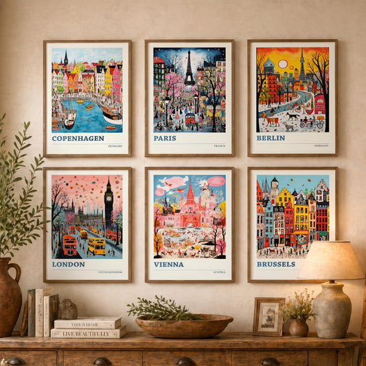 Set of Six European City Travel Posters - 6 Ludwig Folk Art Prints - Copenhagen, Paris, Berlin, London, Vienna, Brussels Painting V1
