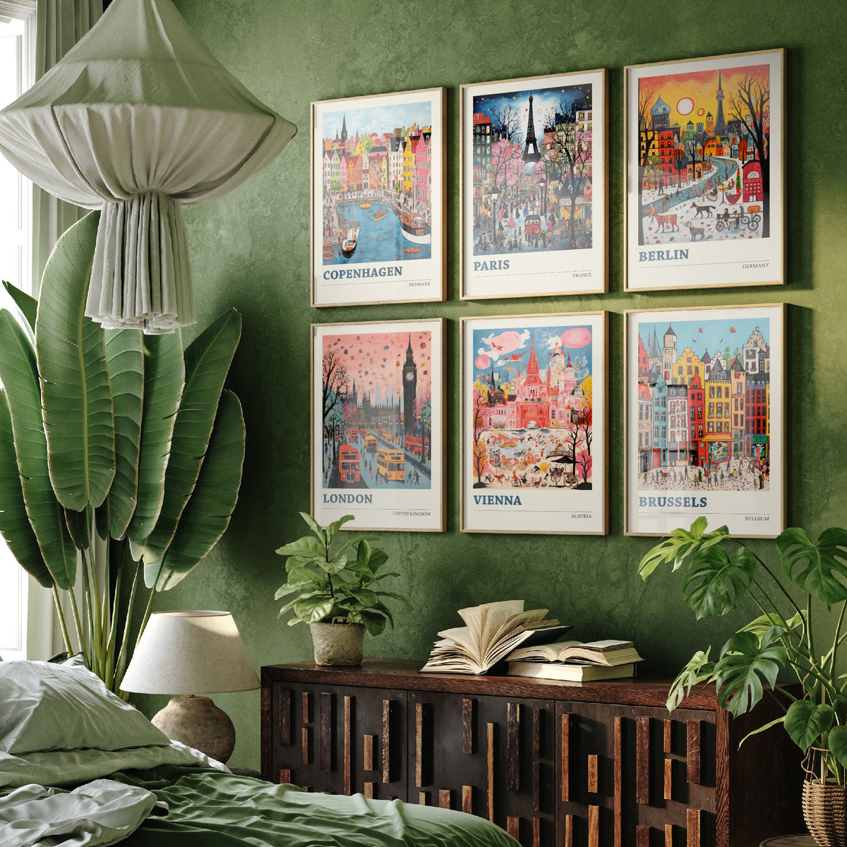 Set of Six European City Travel Posters - 6 Ludwig Folk Art Prints - Copenhagen, Paris, Berlin, London, Vienna, Brussels Painting V1