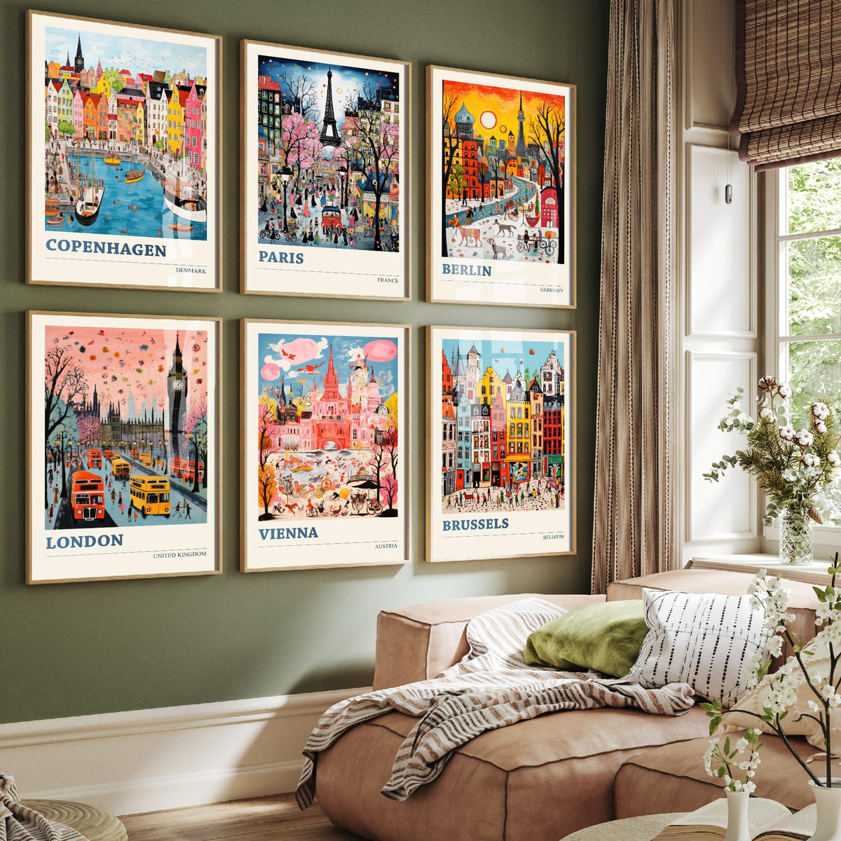 Set of Six European City Travel Posters - 6 Ludwig Folk Art Prints - Copenhagen, Paris, Berlin, London, Vienna, Brussels Painting V1