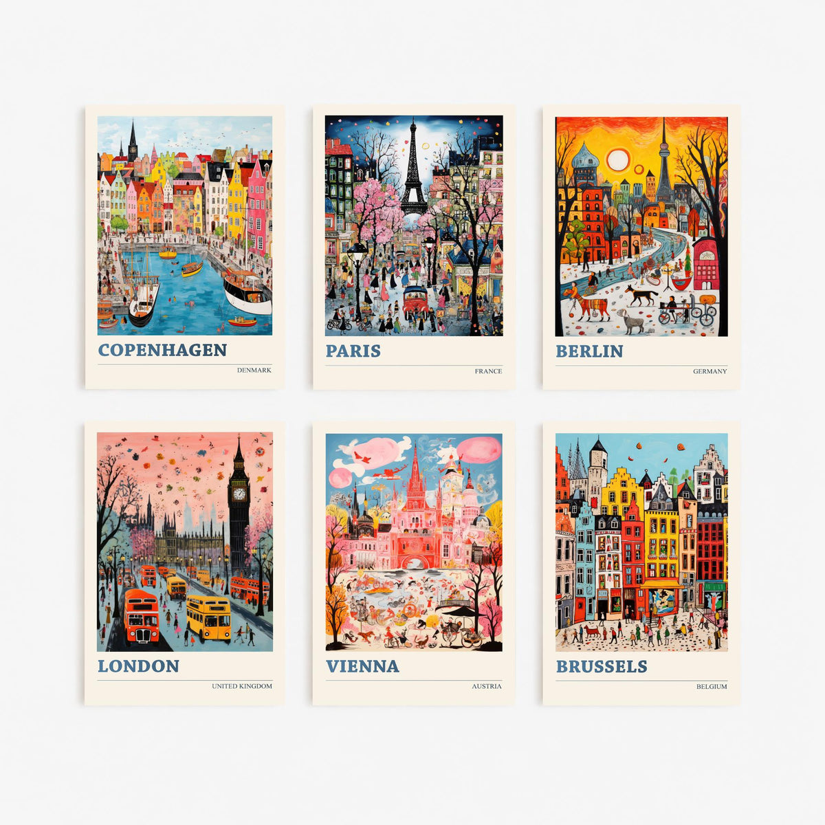 Set of Six European City Travel Posters - 6 Ludwig Folk Art Prints - Copenhagen, Paris, Berlin, London, Vienna, Brussels Painting V1