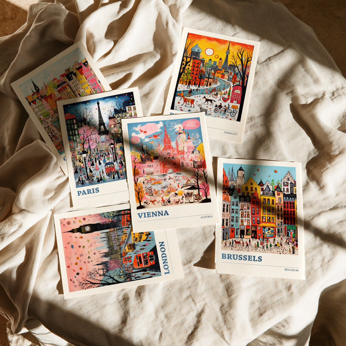 Set of Six European City Travel Posters - 6 Ludwig Folk Art Prints - Copenhagen, Paris, Berlin, London, Vienna, Brussels Painting V1