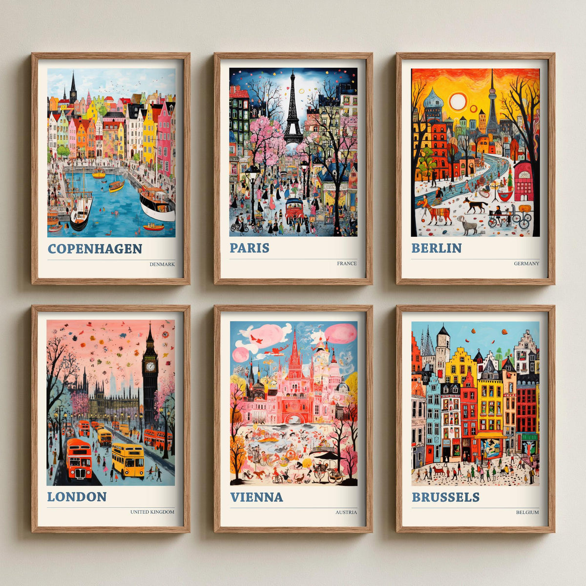 Set of Six European City Travel Posters - 6 Ludwig Folk Art Prints - Copenhagen, Paris, Berlin, London, Vienna, Brussels Painting V1