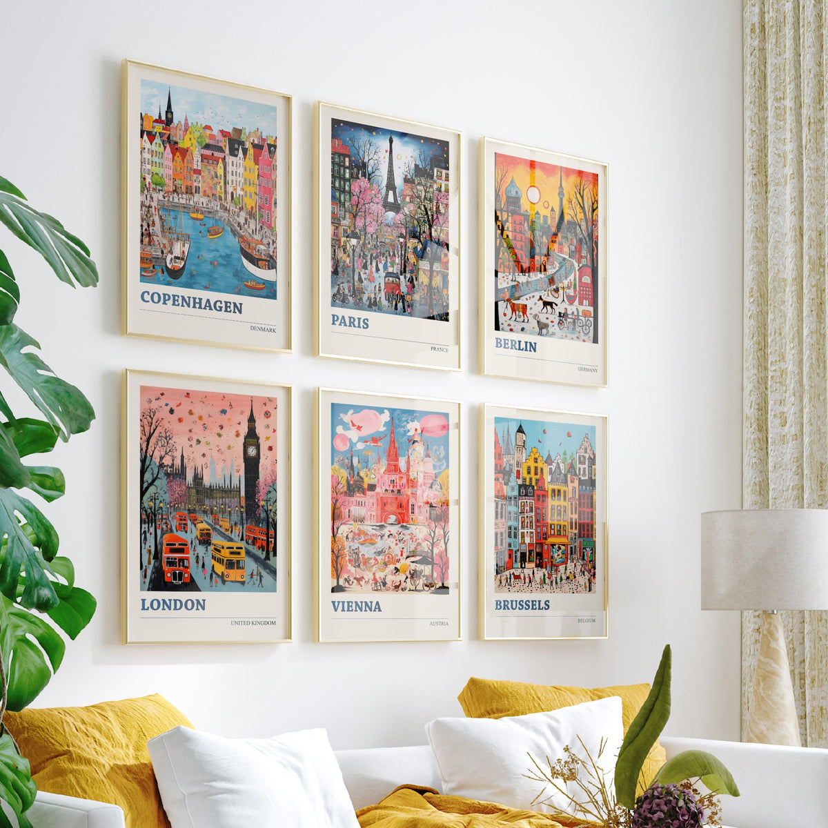 Set of Six European City Travel Posters - 6 Ludwig Folk Art Prints - Copenhagen, Paris, Berlin, London, Vienna, Brussels Painting V1