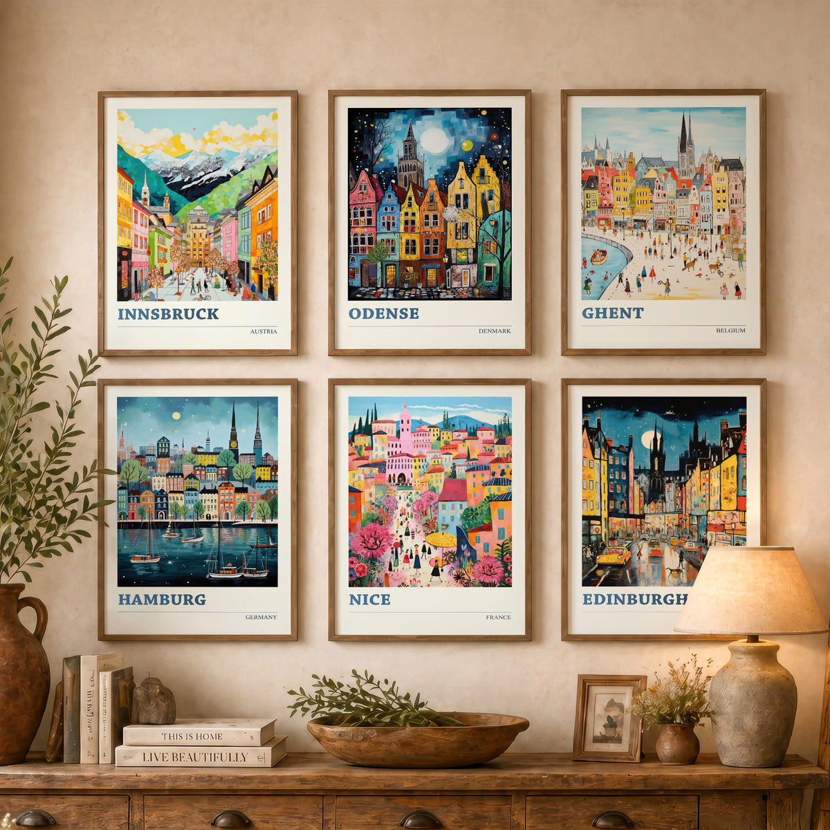 Set of Six Hidden Gem European City Posters - 6 Ludwig Naive Art Prints - Innsbruck, Odense, Ghent, Hamburg, Nice, Edinburgh Painting V2