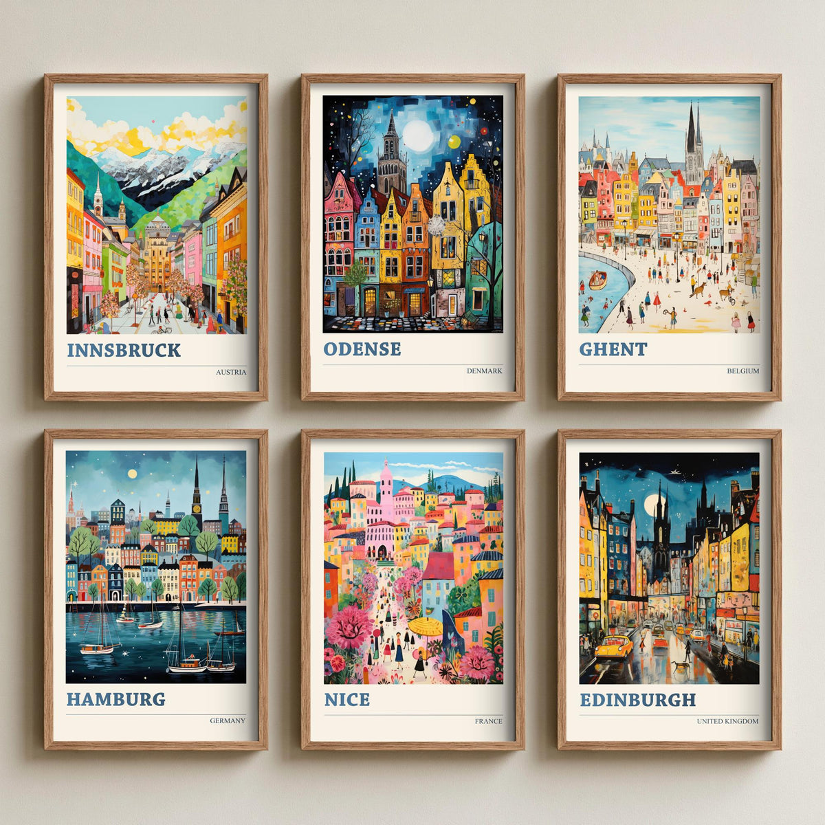 Set of Six Hidden Gem European City Posters - 6 Ludwig Naive Art Prints - Innsbruck, Odense, Ghent, Hamburg, Nice, Edinburgh Painting V2