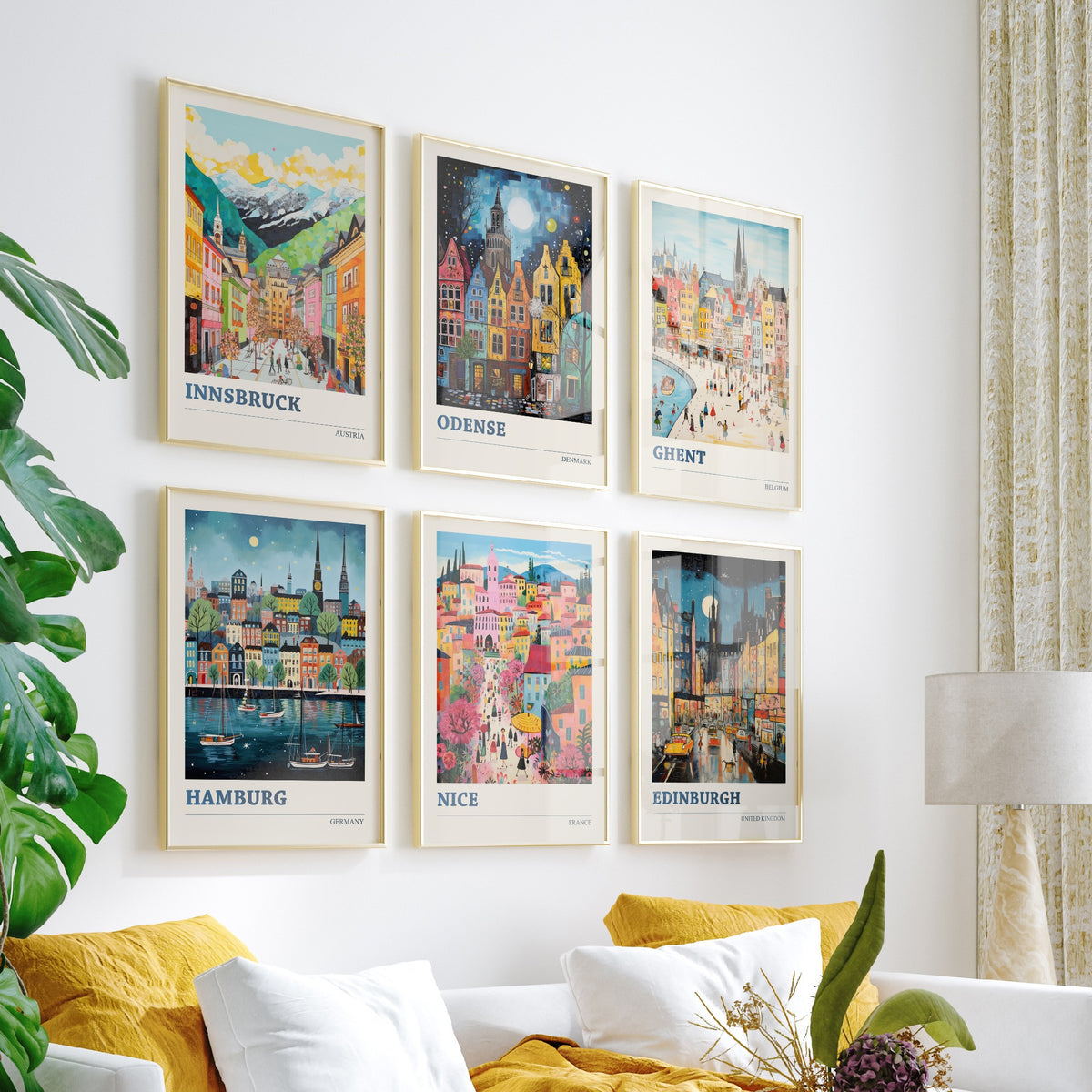 Set of Six Hidden Gem European City Posters - 6 Ludwig Naive Art Prints - Innsbruck, Odense, Ghent, Hamburg, Nice, Edinburgh Painting V2