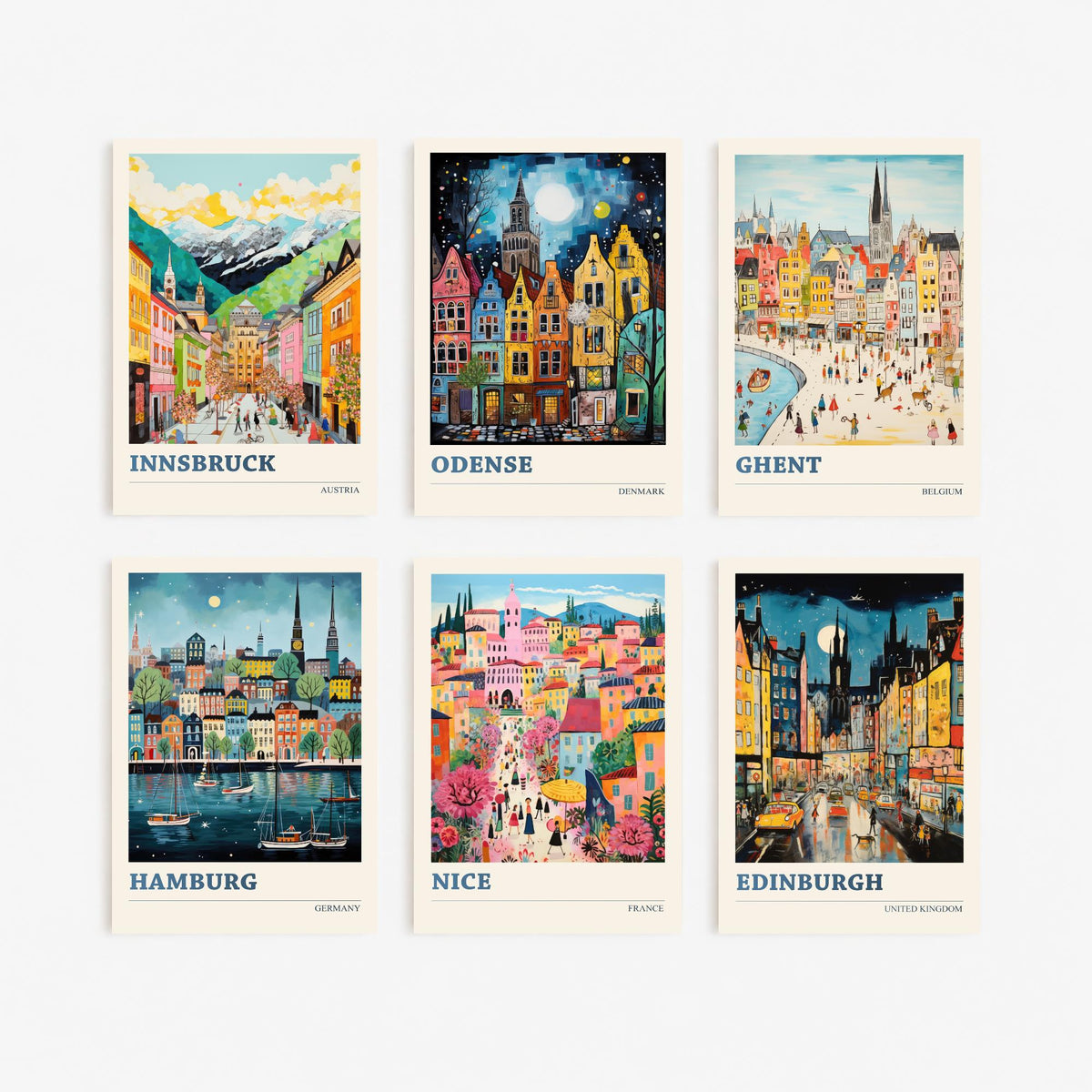 Set of Six Hidden Gem European City Posters - 6 Ludwig Naive Art Prints - Innsbruck, Odense, Ghent, Hamburg, Nice, Edinburgh Painting V2