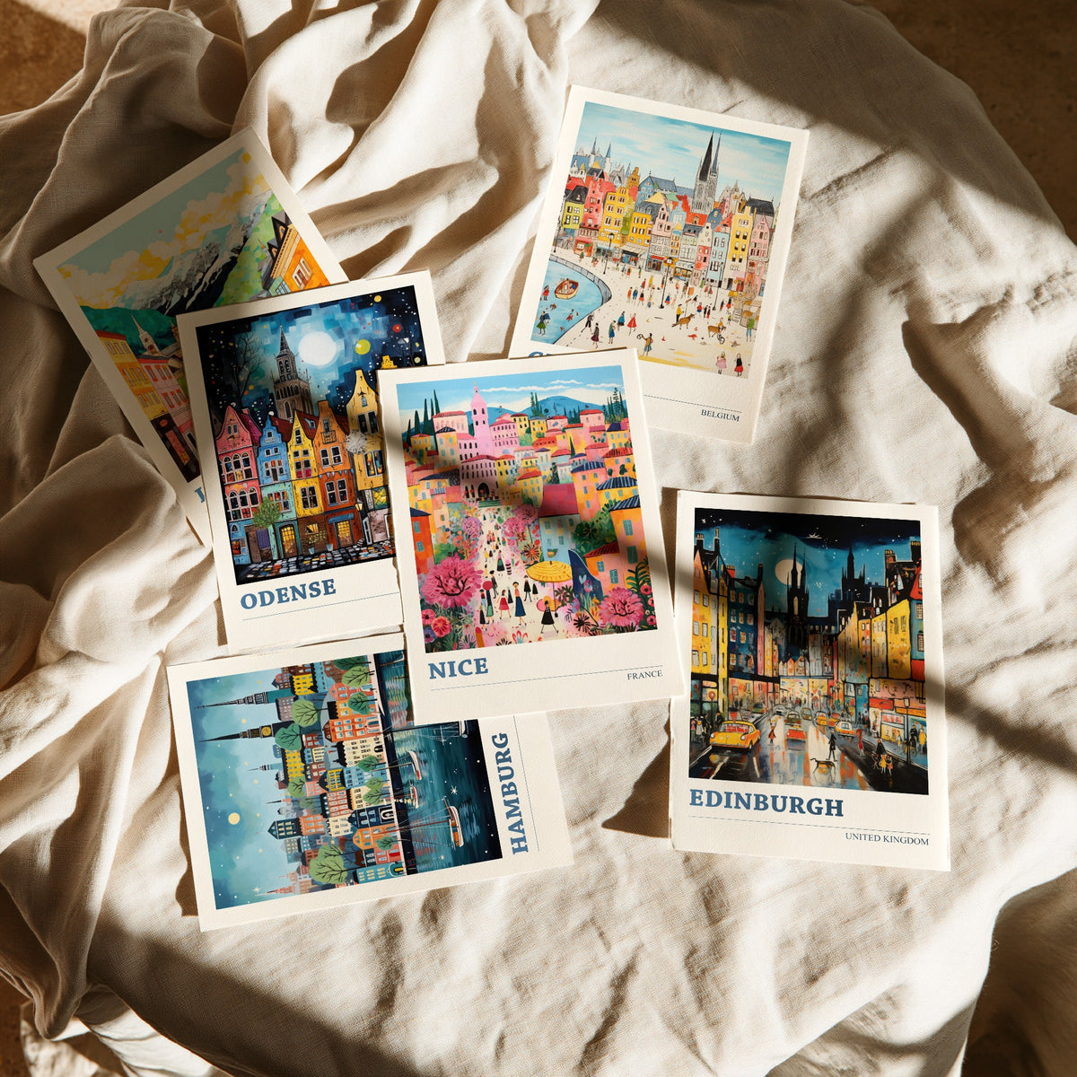 Set of Six Hidden Gem European City Posters - 6 Ludwig Naive Art Prints - Innsbruck, Odense, Ghent, Hamburg, Nice, Edinburgh Painting V2