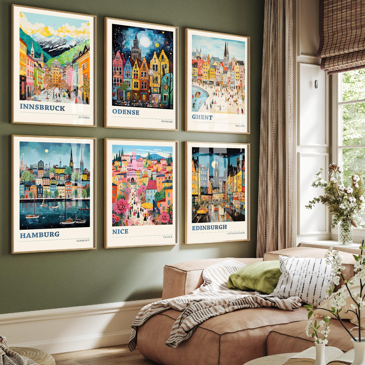 Set of Six Hidden Gem European City Posters - 6 Ludwig Naive Art Prints - Innsbruck, Odense, Ghent, Hamburg, Nice, Edinburgh Painting V2