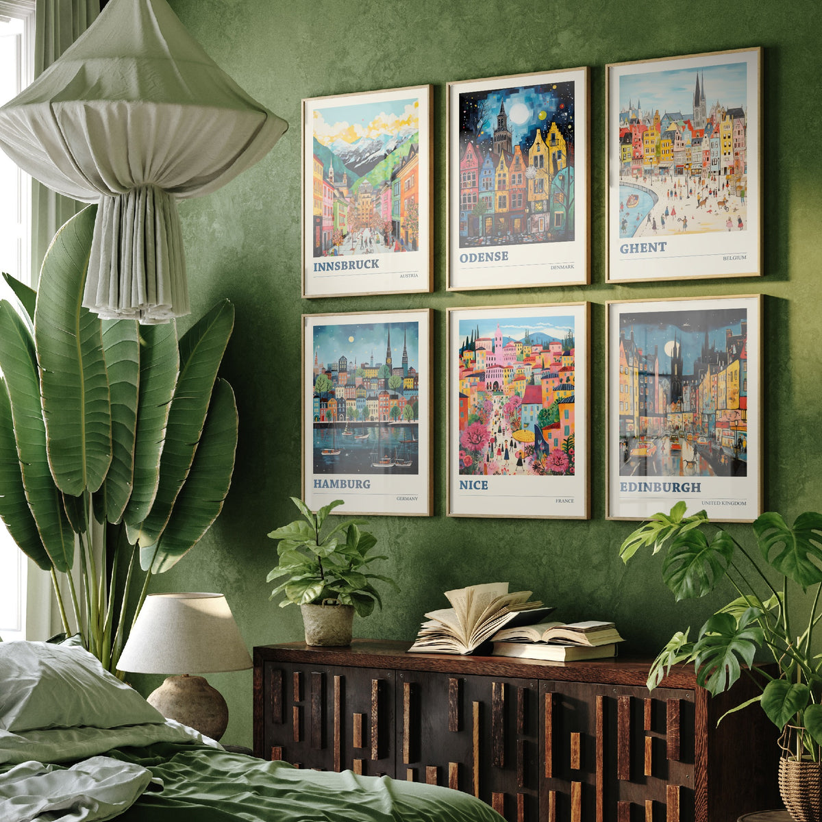 Set of Six Hidden Gem European City Posters - 6 Ludwig Naive Art Prints - Innsbruck, Odense, Ghent, Hamburg, Nice, Edinburgh Painting V2