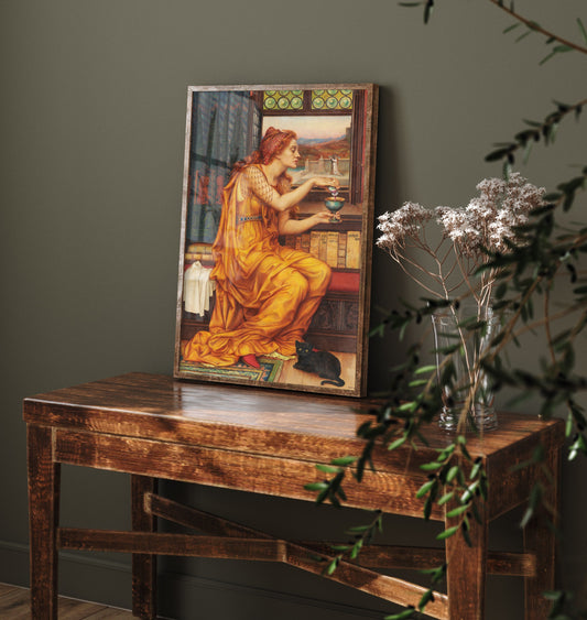 Evelyn De Morgan - The Love Potion (1903) - Classic Painting Art Print - Pre-Raphaelite Sorceress Gold Gown Black Cat Poster