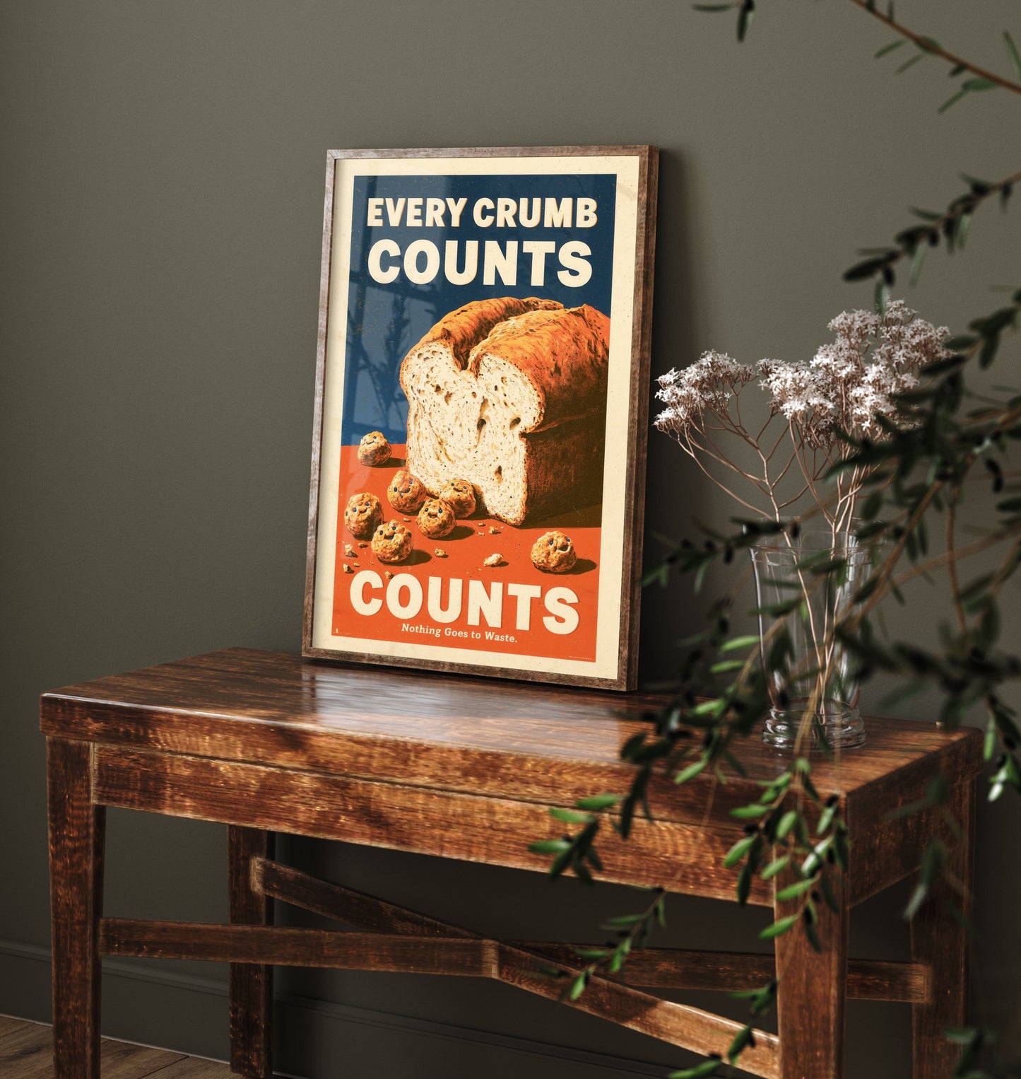 Every Crumb Counts Art Print - Retro Bread Advert Poster - Vintage Bakery Kitchen Illustration V1