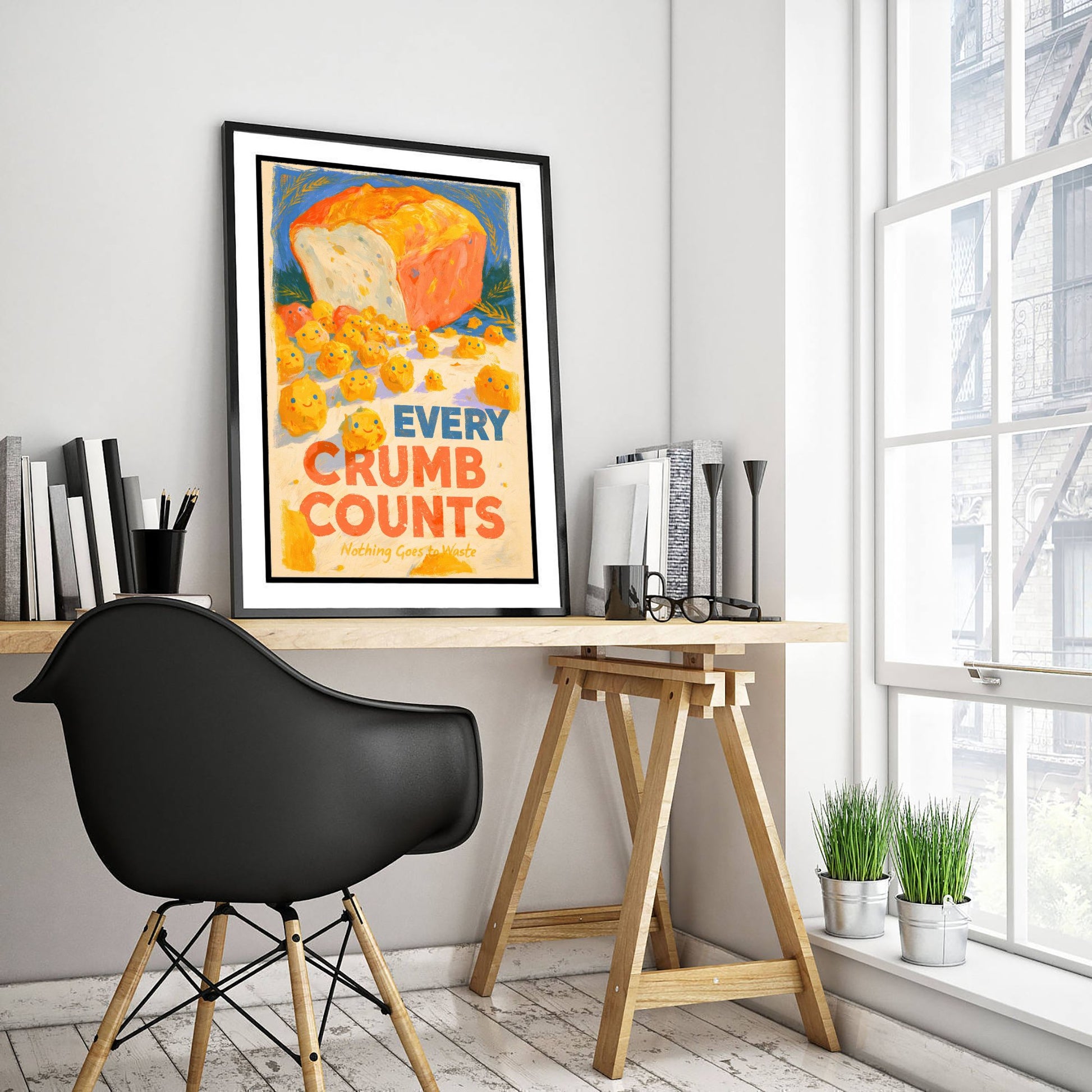 Every Crumb Counts Poster - Happy Bread Crumbs Painting Style Print - Warm Bakery Wall Art V2