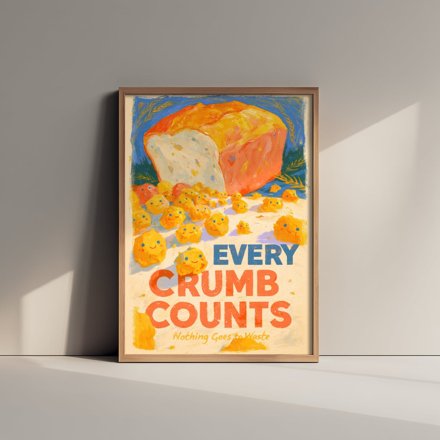 Every Crumb Counts Poster - Happy Bread Crumbs Painting Style Print - Warm Bakery Wall Art V2