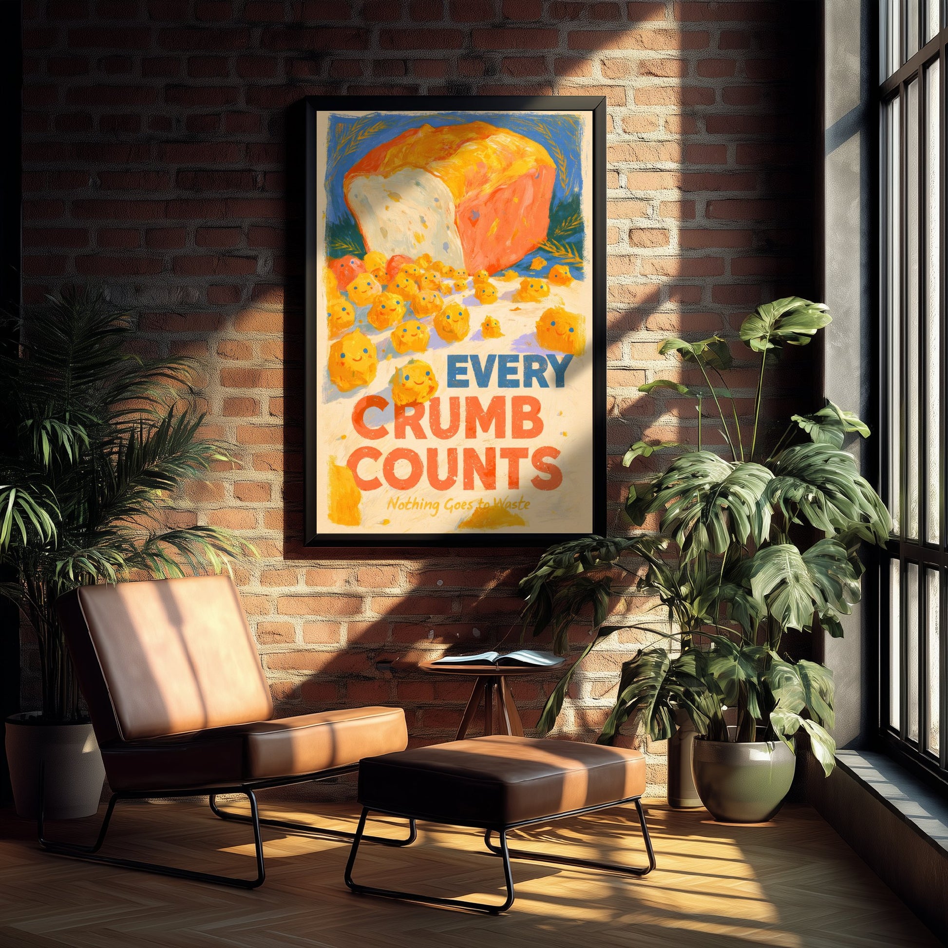Every Crumb Counts Poster - Happy Bread Crumbs Painting Style Print - Warm Bakery Wall Art V2
