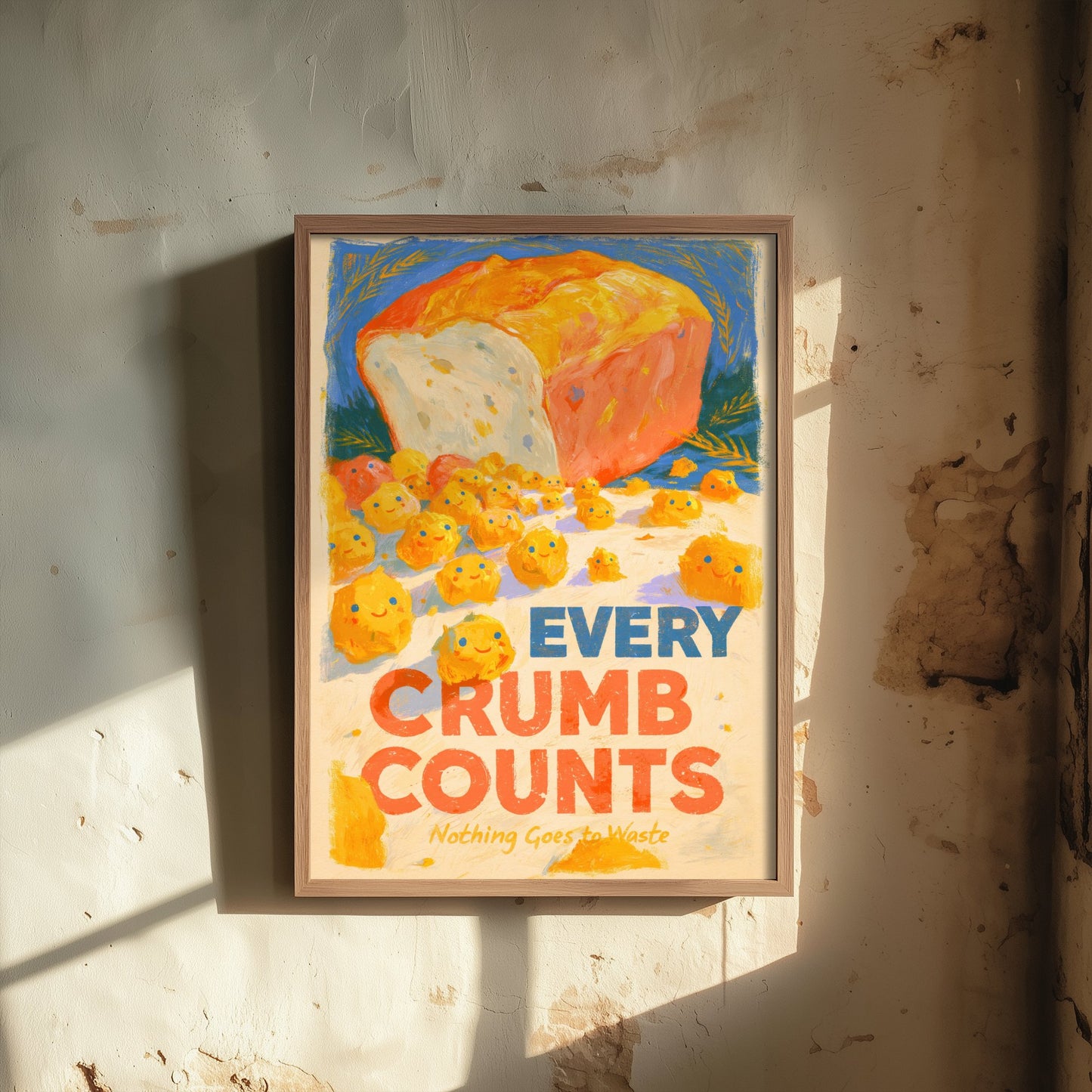 Every Crumb Counts Poster - Happy Bread Crumbs Painting Style Print - Warm Bakery Wall Art V2