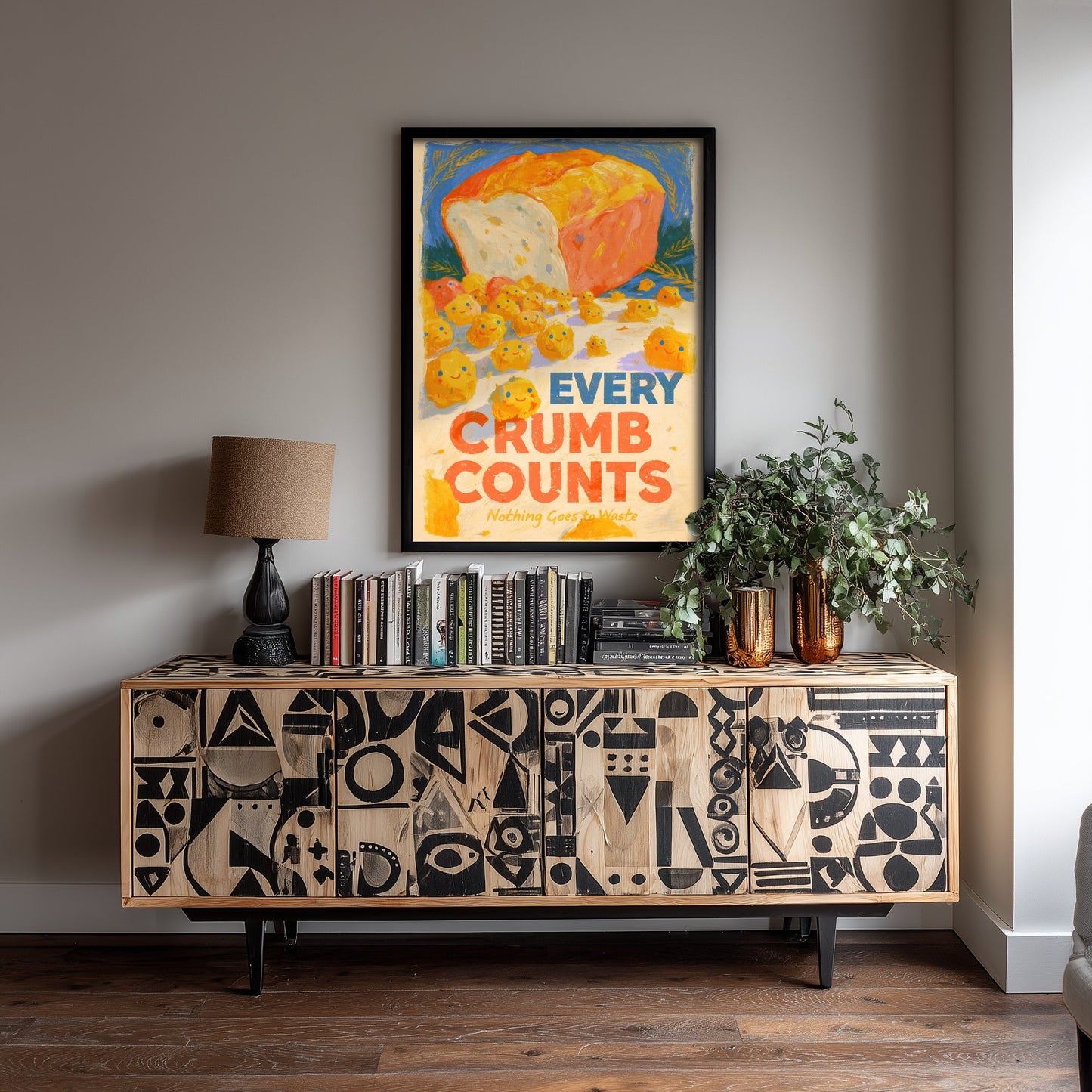 Every Crumb Counts Poster - Happy Bread Crumbs Painting Style Print - Warm Bakery Wall Art V2