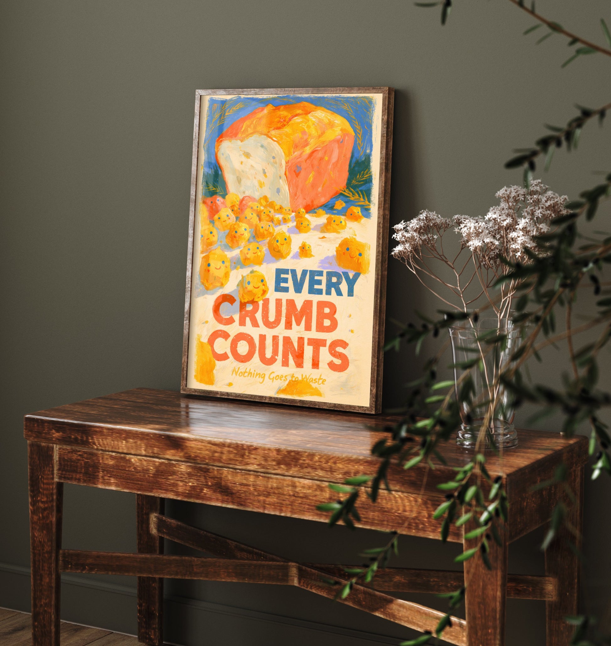 Every Crumb Counts Poster - Happy Bread Crumbs Painting Style Print - Warm Bakery Wall Art V2