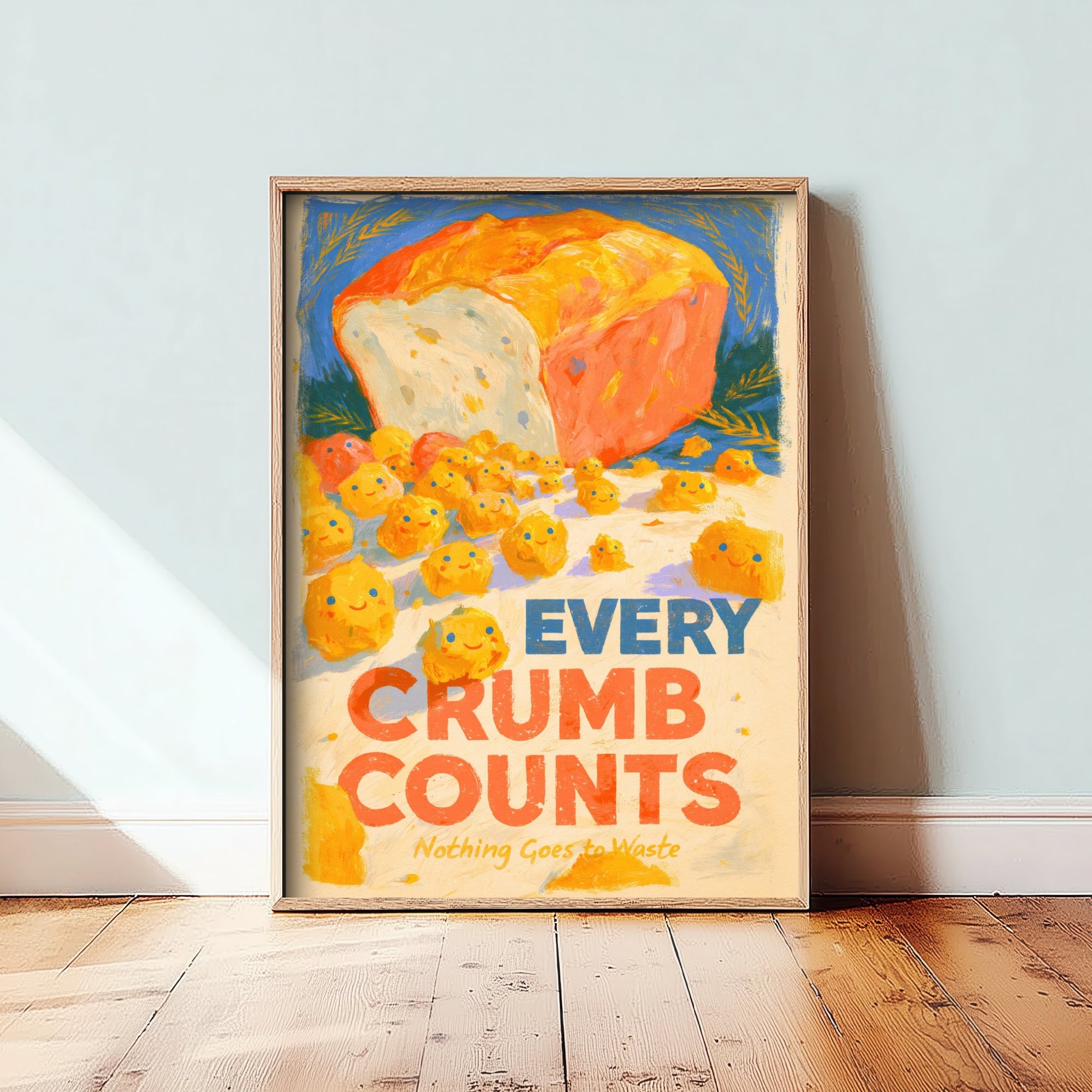 Every Crumb Counts Poster - Happy Bread Crumbs Painting Style Print - Warm Bakery Wall Art V2