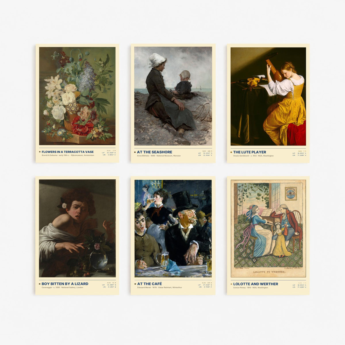Set of Six Everyday Moments Paintings - 6 Old Master Art Prints - Caravaggio, Manet, Gentileschi, Bilinska - Lute Player Poster