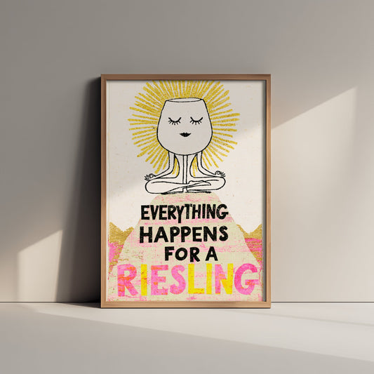 Everything Happens for a Riesling Art Print - Meditating Wine Glass Poster - Gold Halo Yoga Illustration