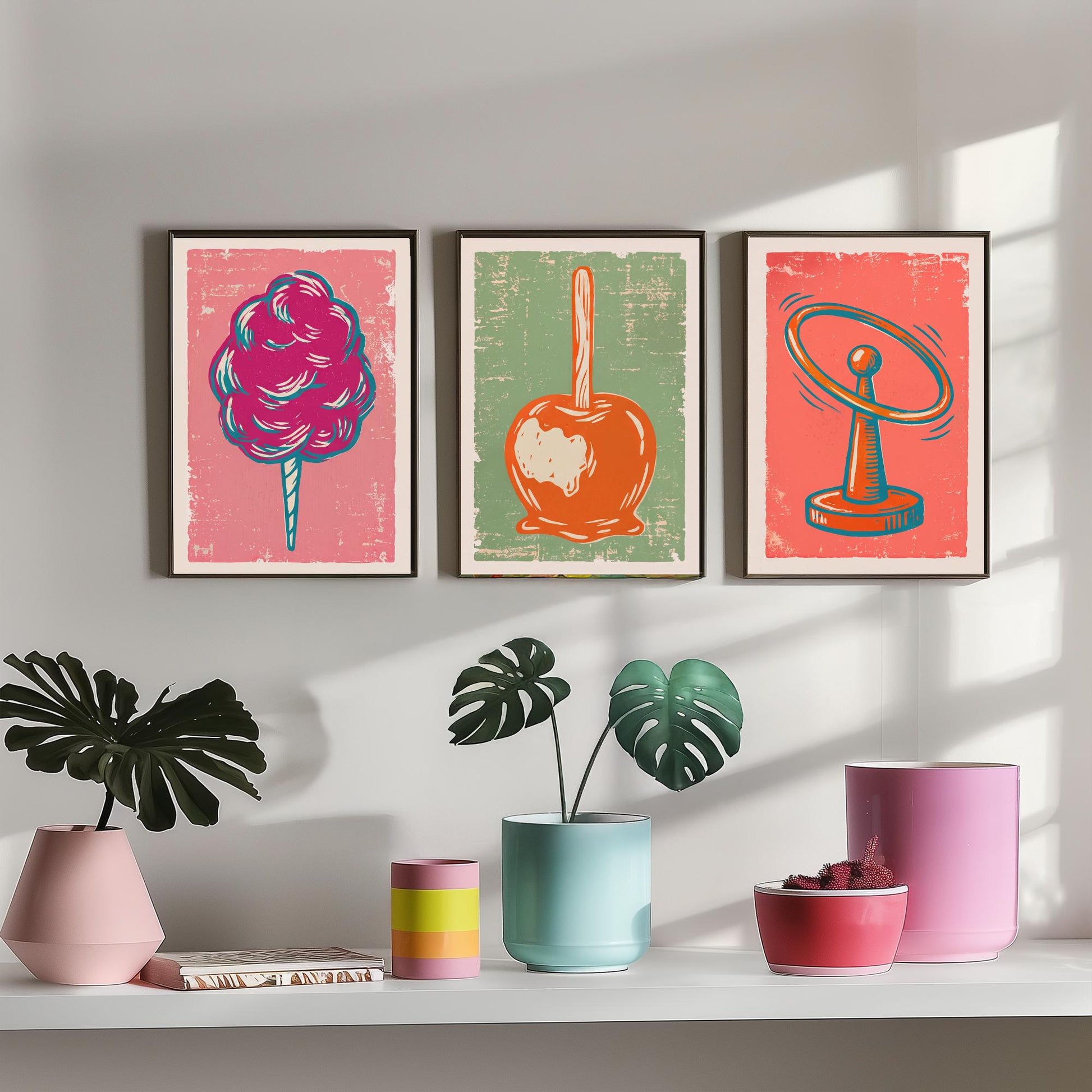 Set of Three Fairground Art Prints - Candy Floss, Toffee Apple, Hoopla - Linocut Illustrations - Funfair Triptych Posters V2