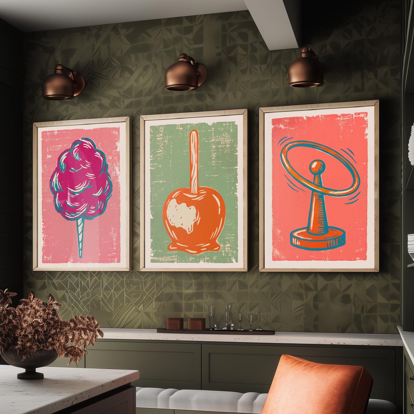 Set of Three Fairground Art Prints - Candy Floss, Toffee Apple, Hoopla - Linocut Illustrations - Funfair Triptych Posters V2