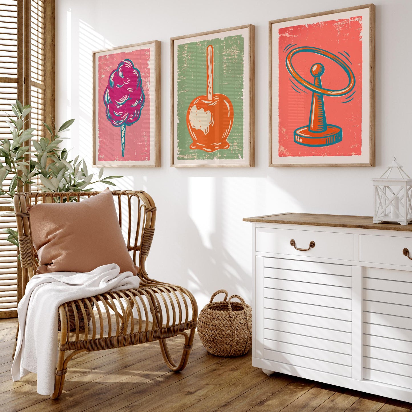 Set of Three Fairground Art Prints - Candy Floss, Toffee Apple, Hoopla - Linocut Illustrations - Funfair Triptych Posters V2