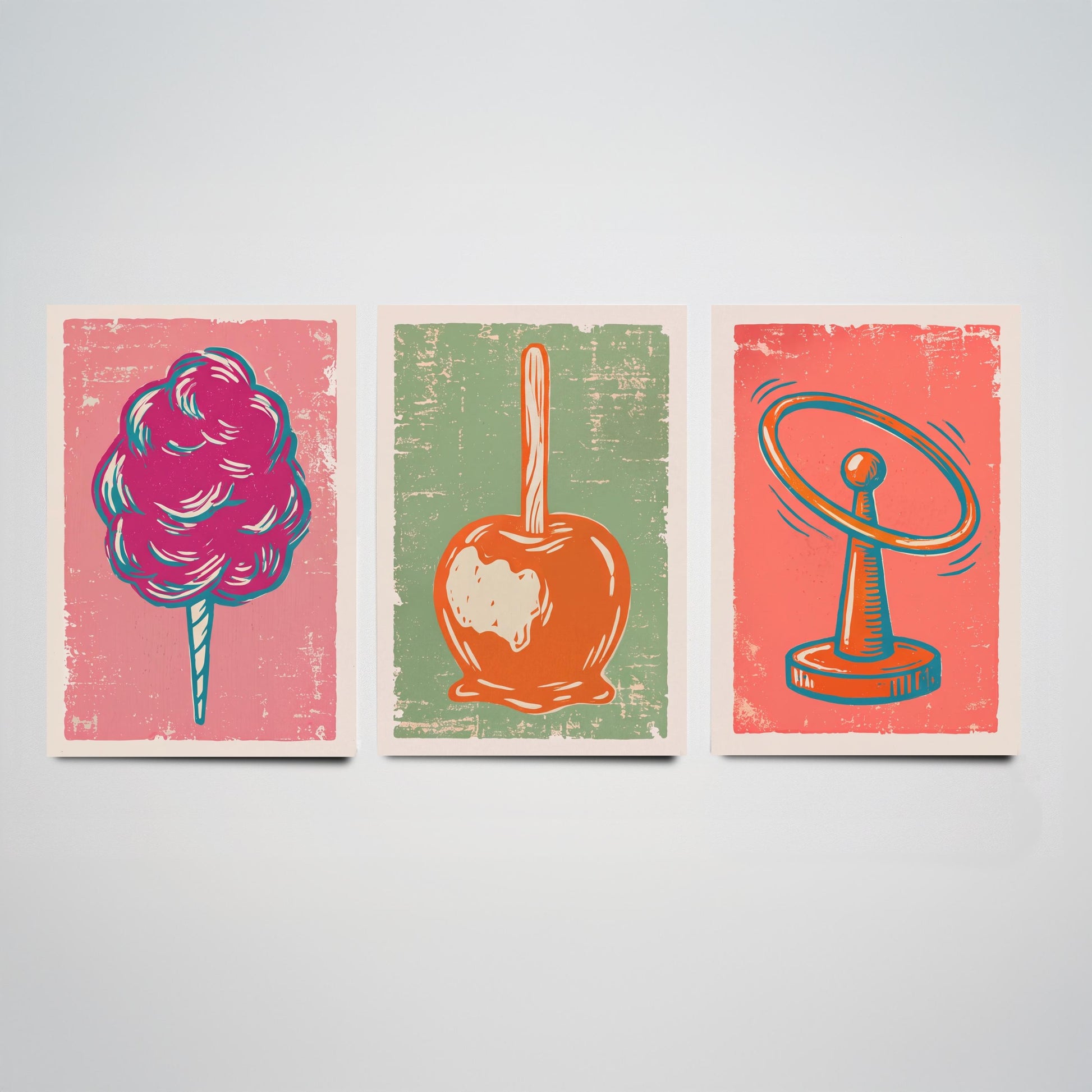Set of Three Fairground Art Prints - Candy Floss, Toffee Apple, Hoopla - Linocut Illustrations - Funfair Triptych Posters V2