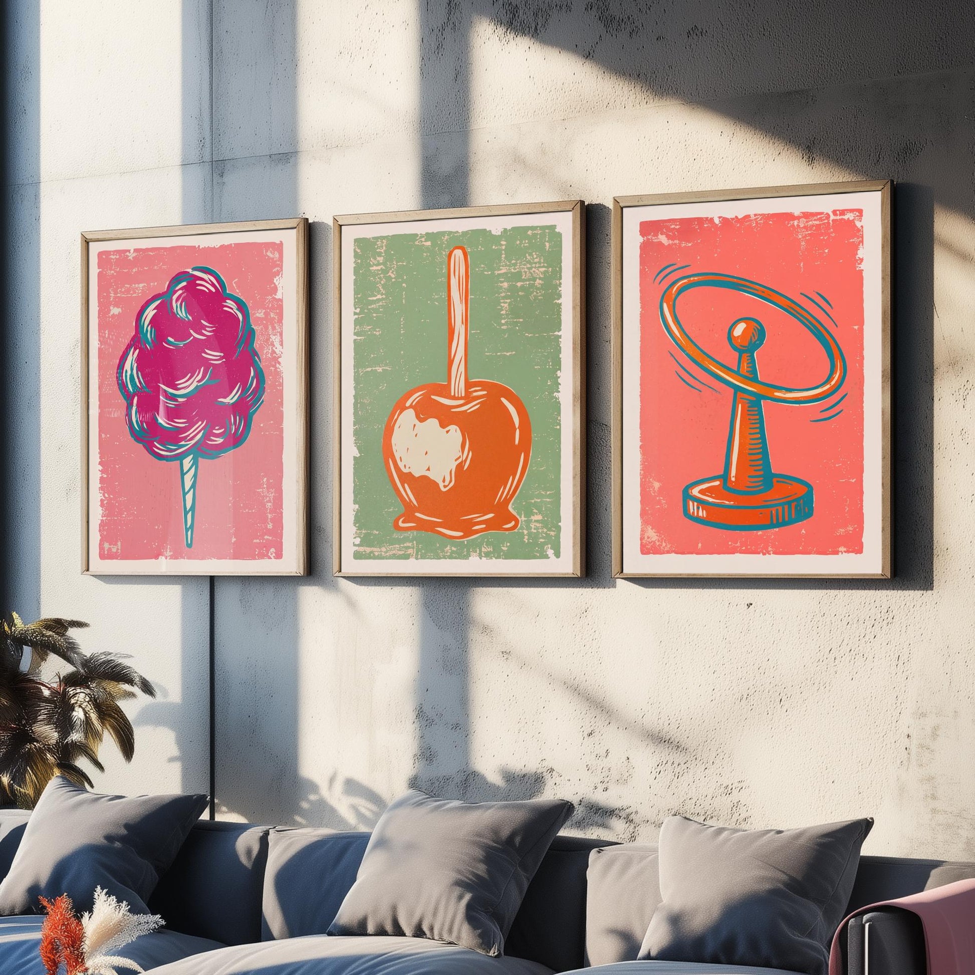 Set of Three Fairground Art Prints - Candy Floss, Toffee Apple, Hoopla - Linocut Illustrations - Funfair Triptych Posters V2