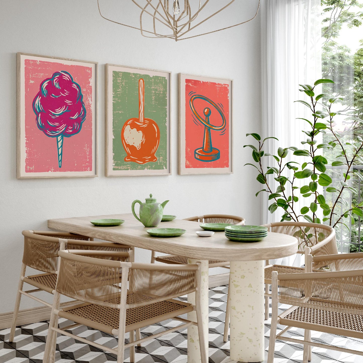 Set of Three Fairground Art Prints - Candy Floss, Toffee Apple, Hoopla - Linocut Illustrations - Funfair Triptych Posters V2