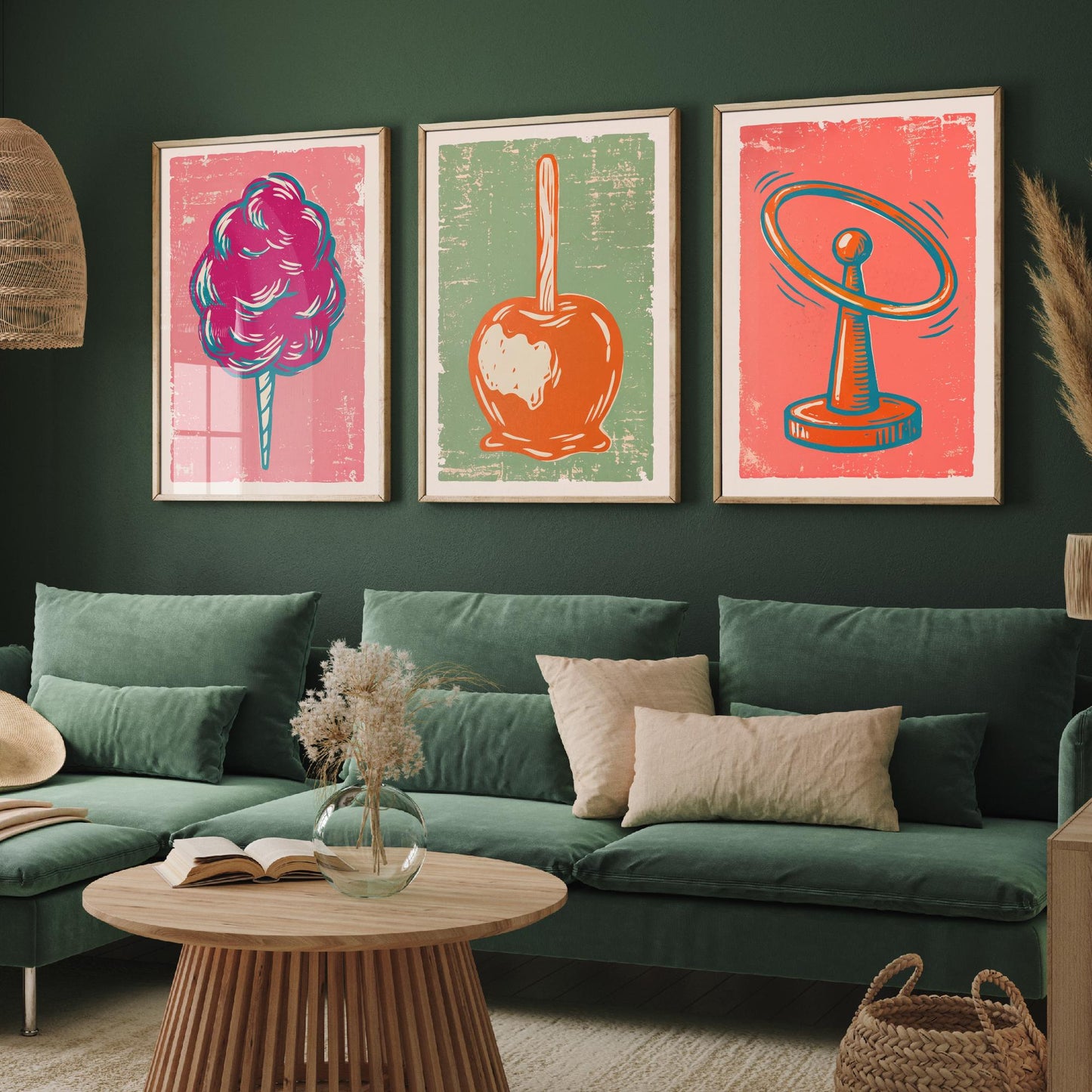Set of Three Fairground Art Prints - Candy Floss, Toffee Apple, Hoopla - Linocut Illustrations - Funfair Triptych Posters V2
