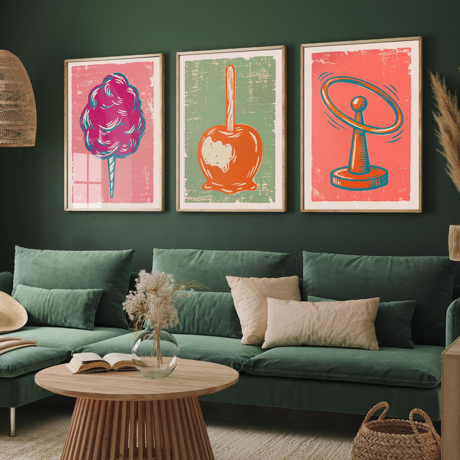 Set of Three Fairground Art Prints - Candy Floss, Toffee Apple, Hoopla - Linocut Illustrations - Funfair Triptych Posters V2