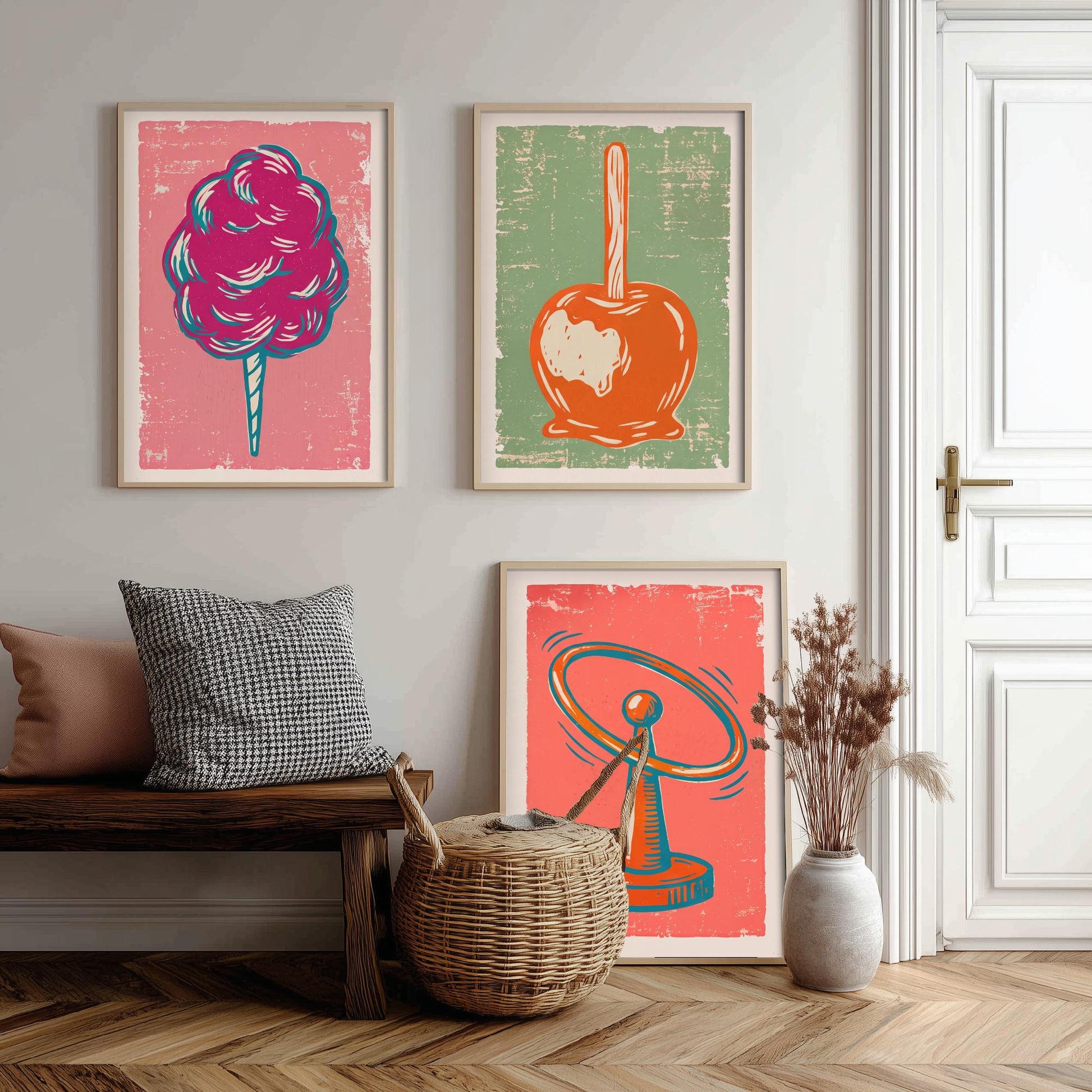 Set of Three Fairground Art Prints - Candy Floss, Toffee Apple, Hoopla - Linocut Illustrations - Funfair Triptych Posters V2