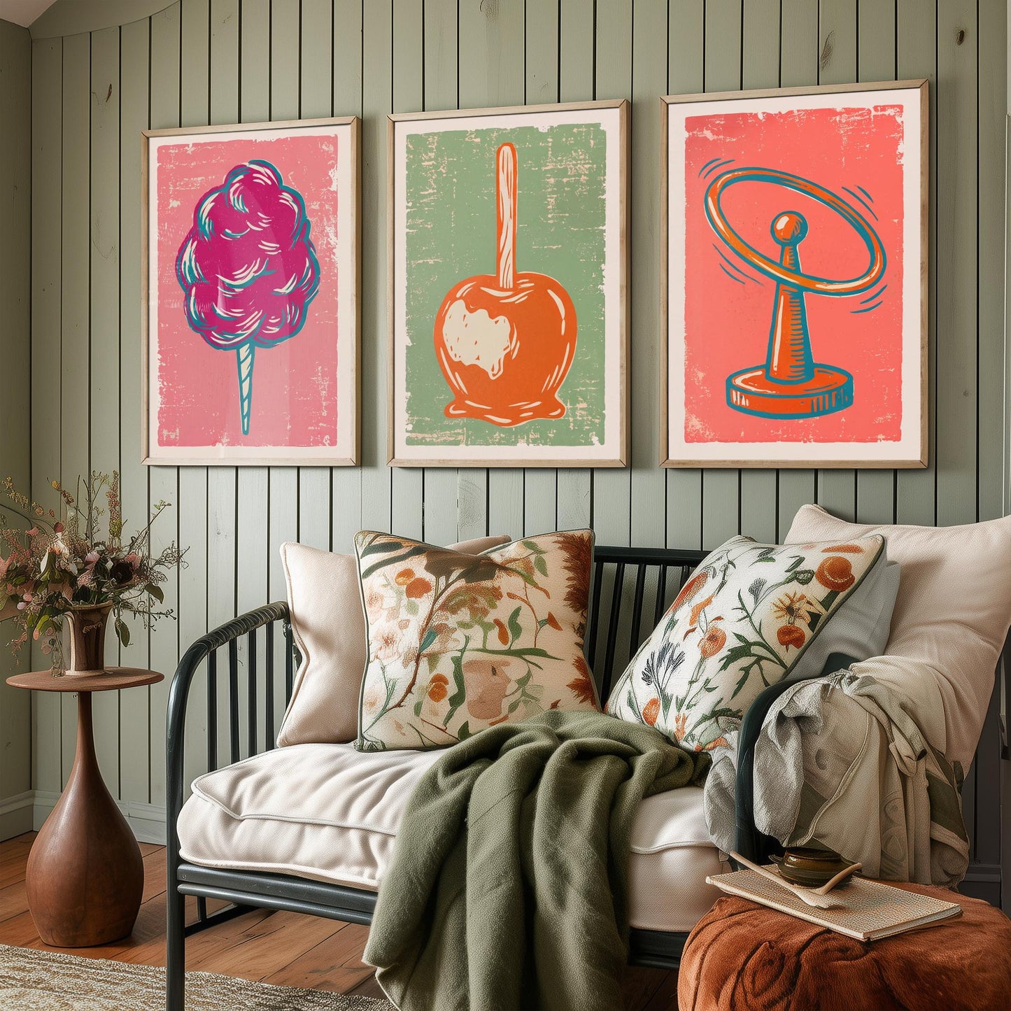 Set of Three Fairground Art Prints - Candy Floss, Toffee Apple, Hoopla - Linocut Illustrations - Funfair Triptych Posters V2