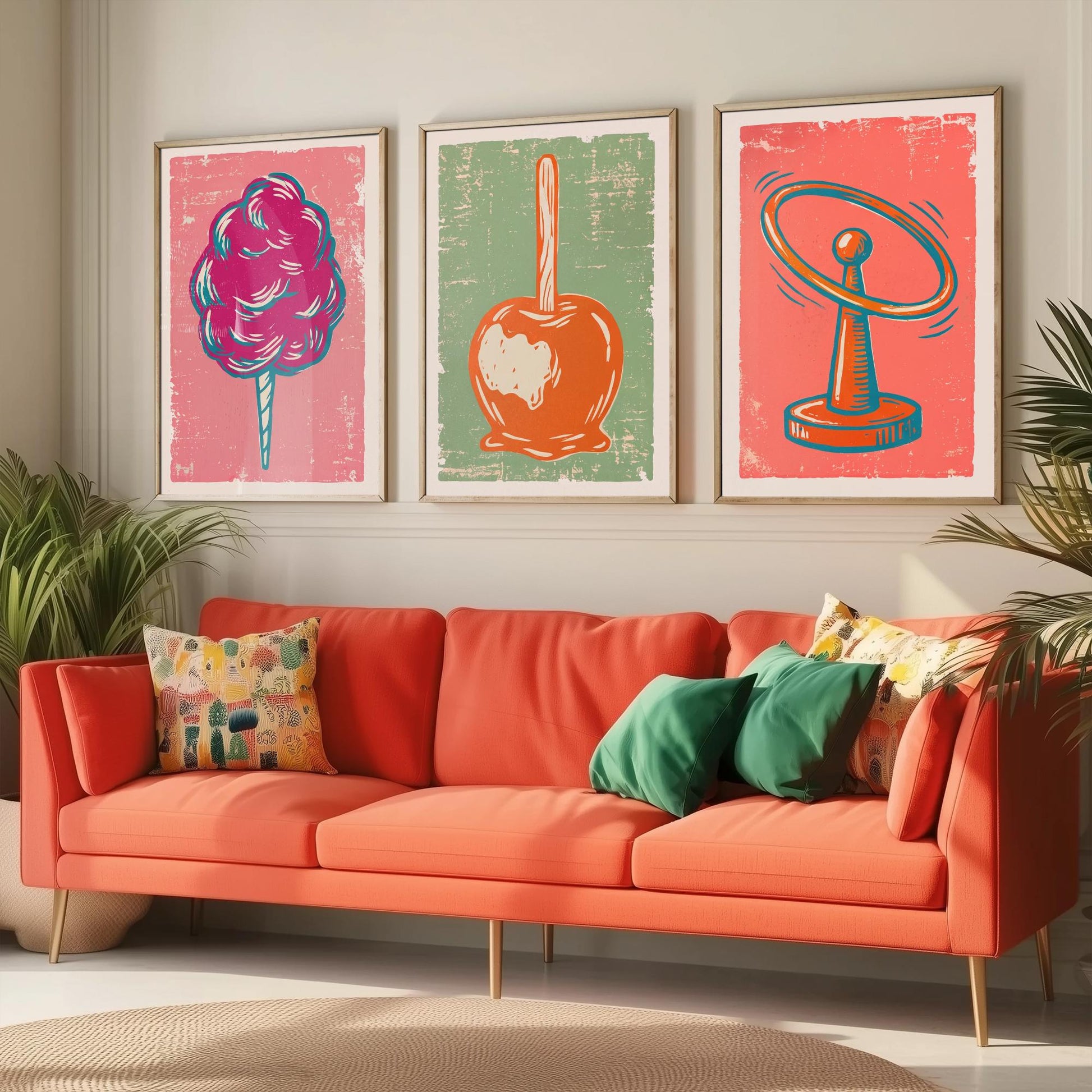 Set of Three Fairground Art Prints - Candy Floss, Toffee Apple, Hoopla - Linocut Illustrations - Funfair Triptych Posters V2