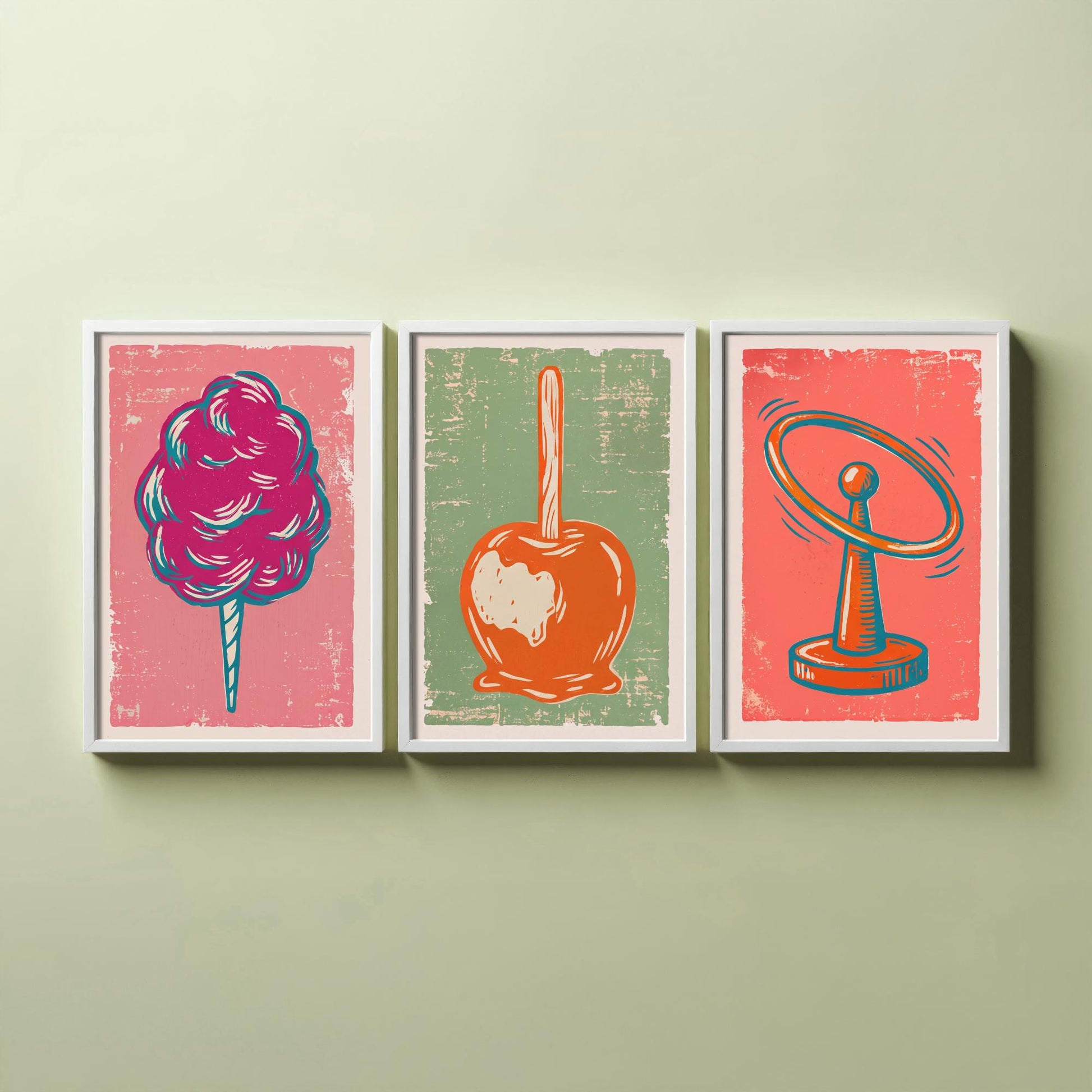Set of Three Fairground Art Prints - Candy Floss, Toffee Apple, Hoopla - Linocut Illustrations - Funfair Triptych Posters V2