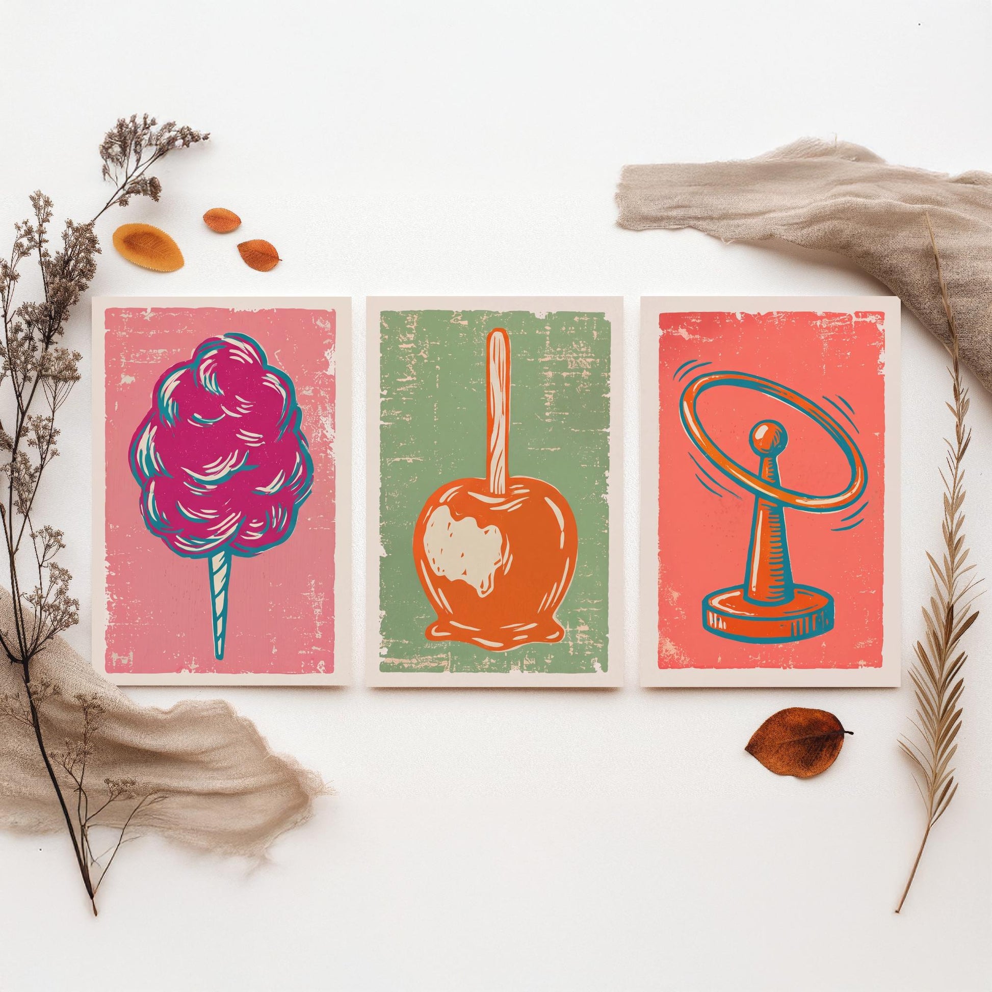 Set of Three Fairground Art Prints - Candy Floss, Toffee Apple, Hoopla - Linocut Illustrations - Funfair Triptych Posters V2
