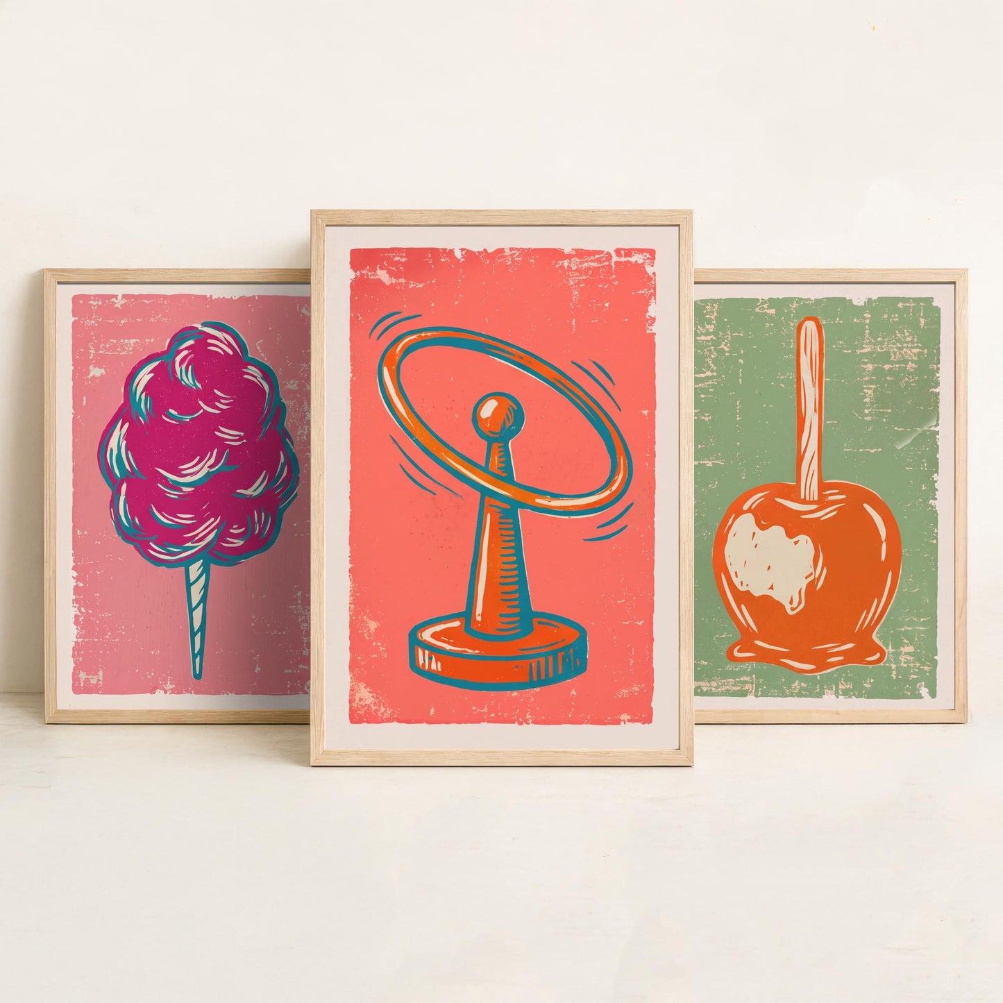 Set of Three Fairground Art Prints - Candy Floss, Toffee Apple, Hoopla - Linocut Illustrations - Funfair Triptych Posters V2