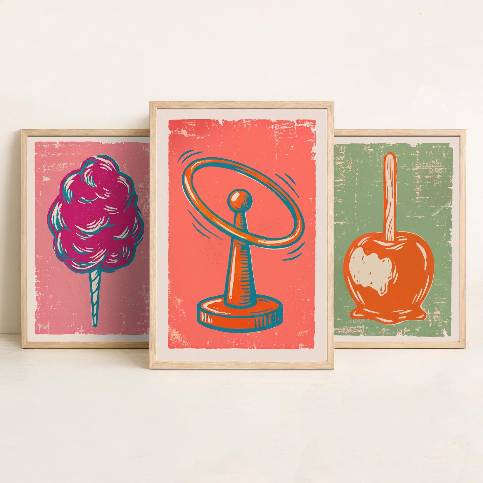 Set of Three Fairground Art Prints - Candy Floss, Toffee Apple, Hoopla - Linocut Illustrations - Funfair Triptych Posters V2