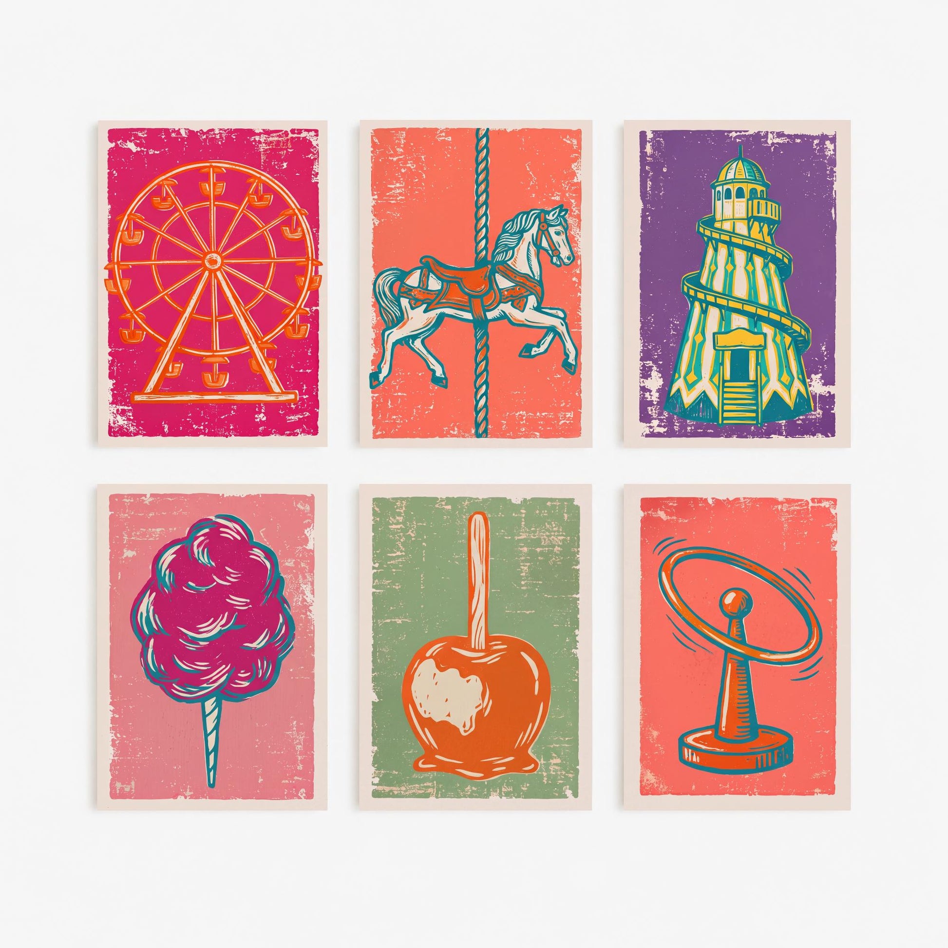 Set of Six Fairground Art Prints - 6 Linocut Illustrations - Ferris Wheel, Carousel Horse, Helter Skelter, Candy Floss, Toffee Apple Posters