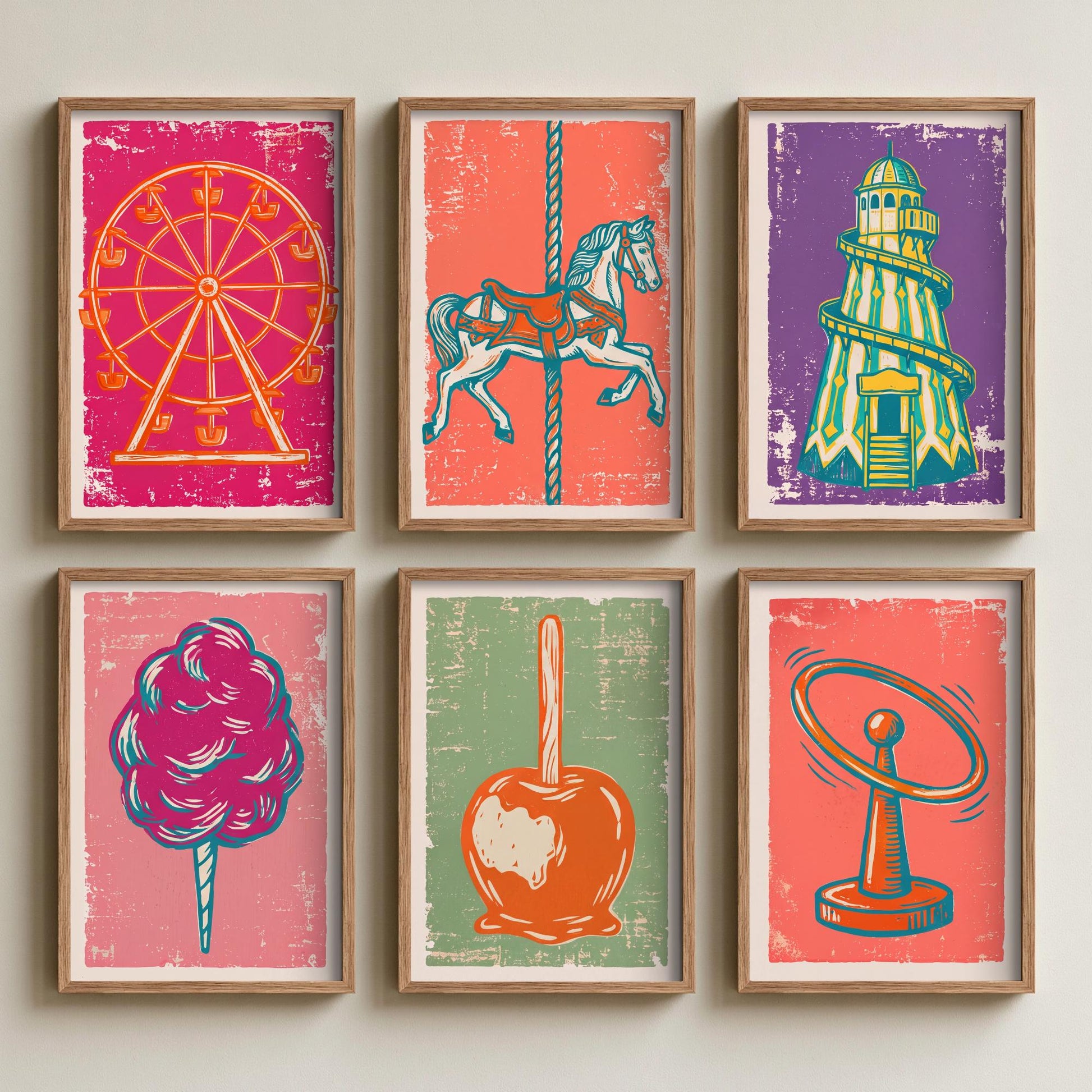 Set of Six Fairground Art Prints - 6 Linocut Illustrations - Ferris Wheel, Carousel Horse, Helter Skelter, Candy Floss, Toffee Apple Posters